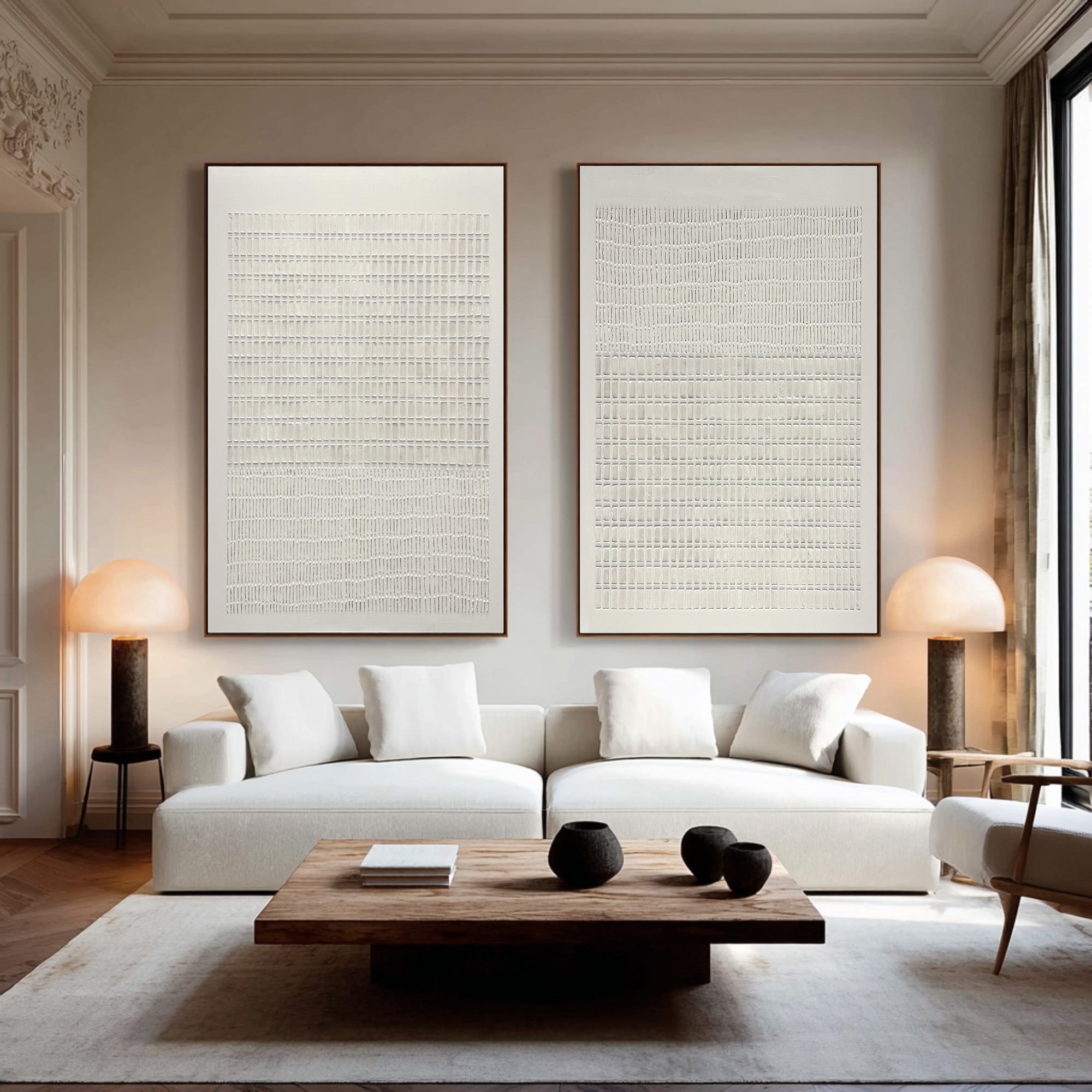 Large Minimal Abstract Oil Painting Set, Beige Grid Textured Wall Art for Living Room Decor #WAC 019