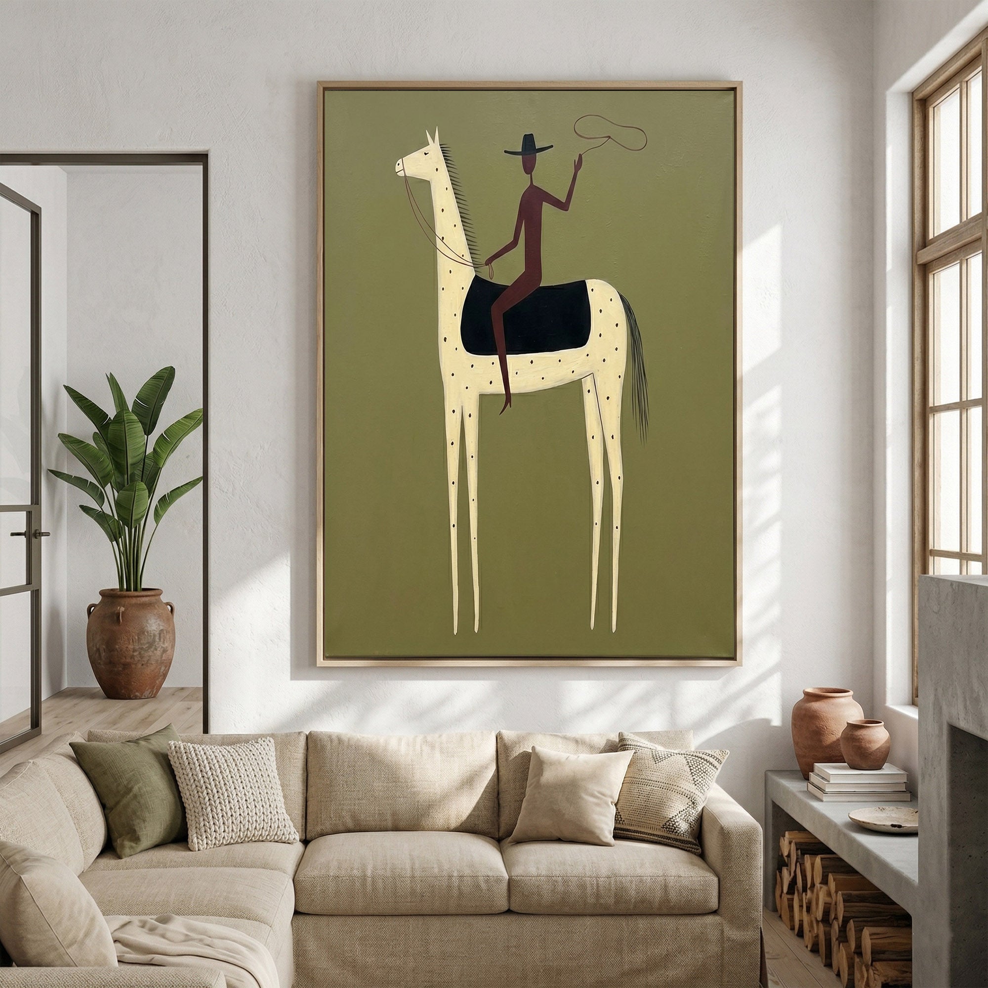 Large Cowboy Horse Wall Art Minimalist Western Painting Artwork