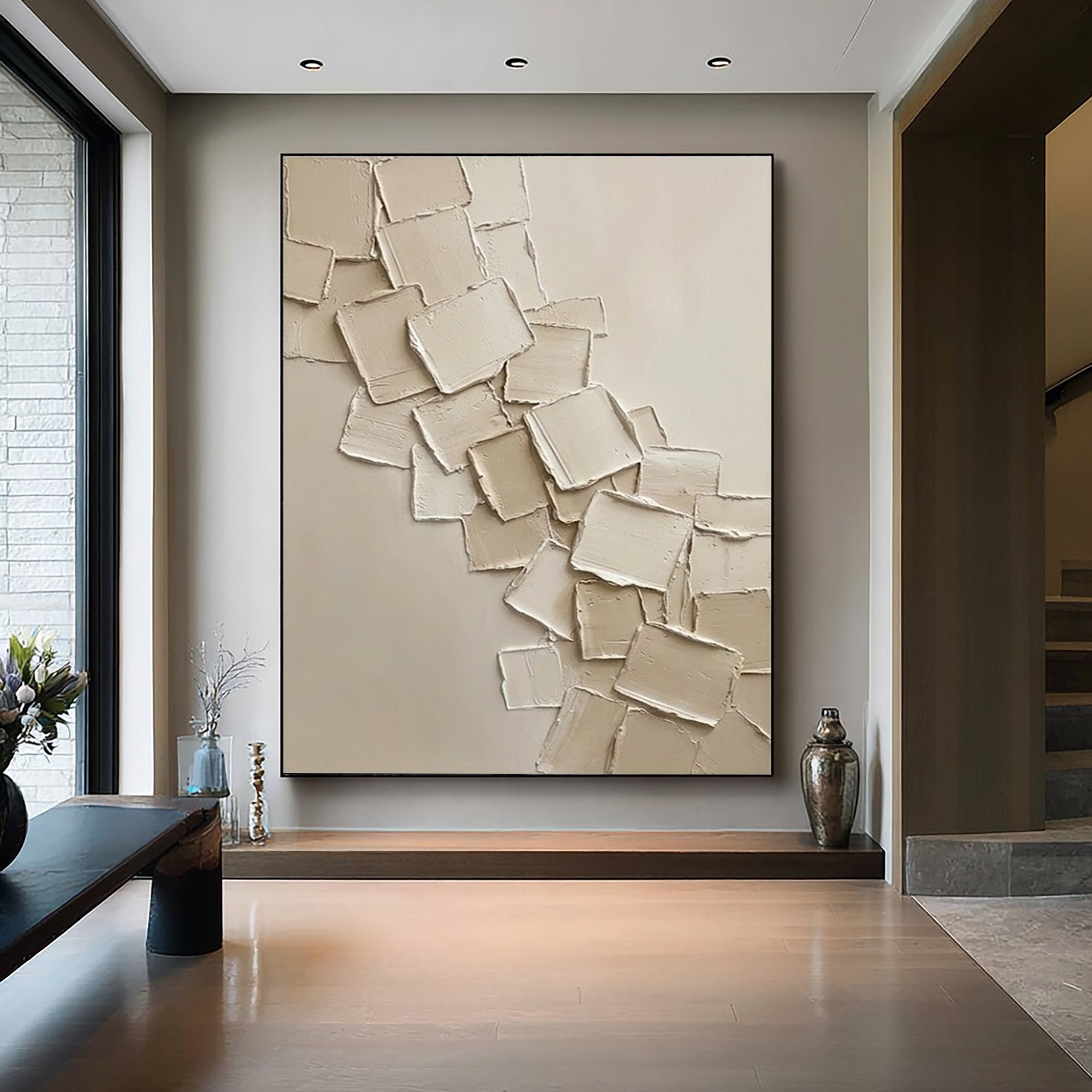 Large Neutral Textured Oil Painting – Beige Minimalist Abstract Wall Art