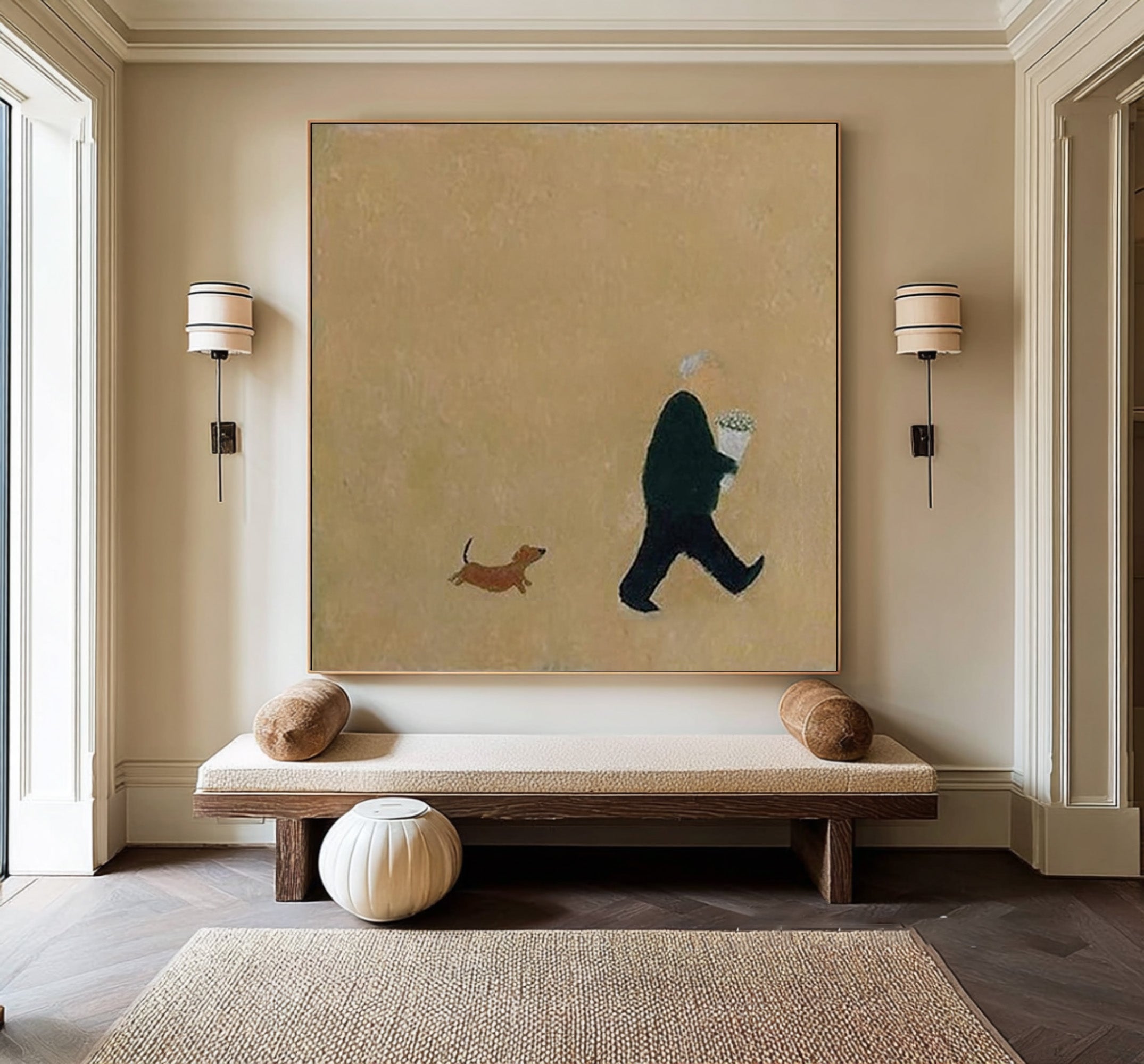 Large Minimalist Figure and Dog Abstract Oil Painting, Warm Modern Wall Art for Home Decor #WAC 015