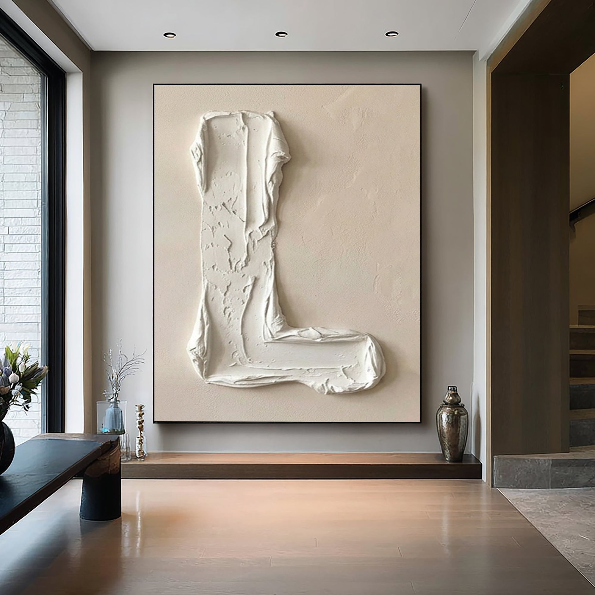 Large Beige Abstract Oil Painting – Minimalist Hand Painted Wall Art