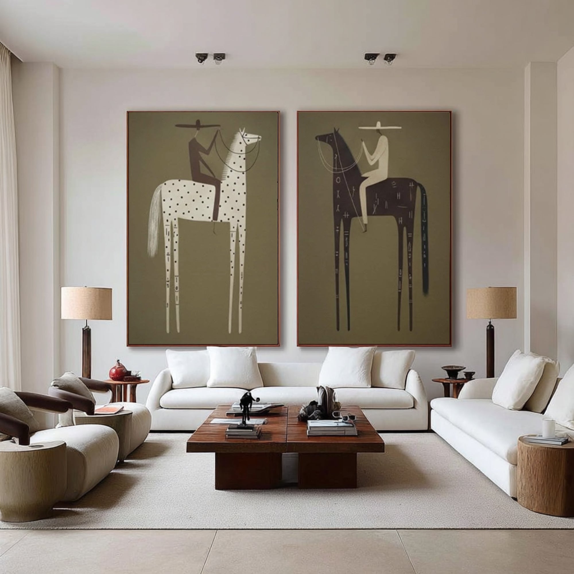 Large Tribal Horse Wall Art Contemporary Equestrian Diptych Painting