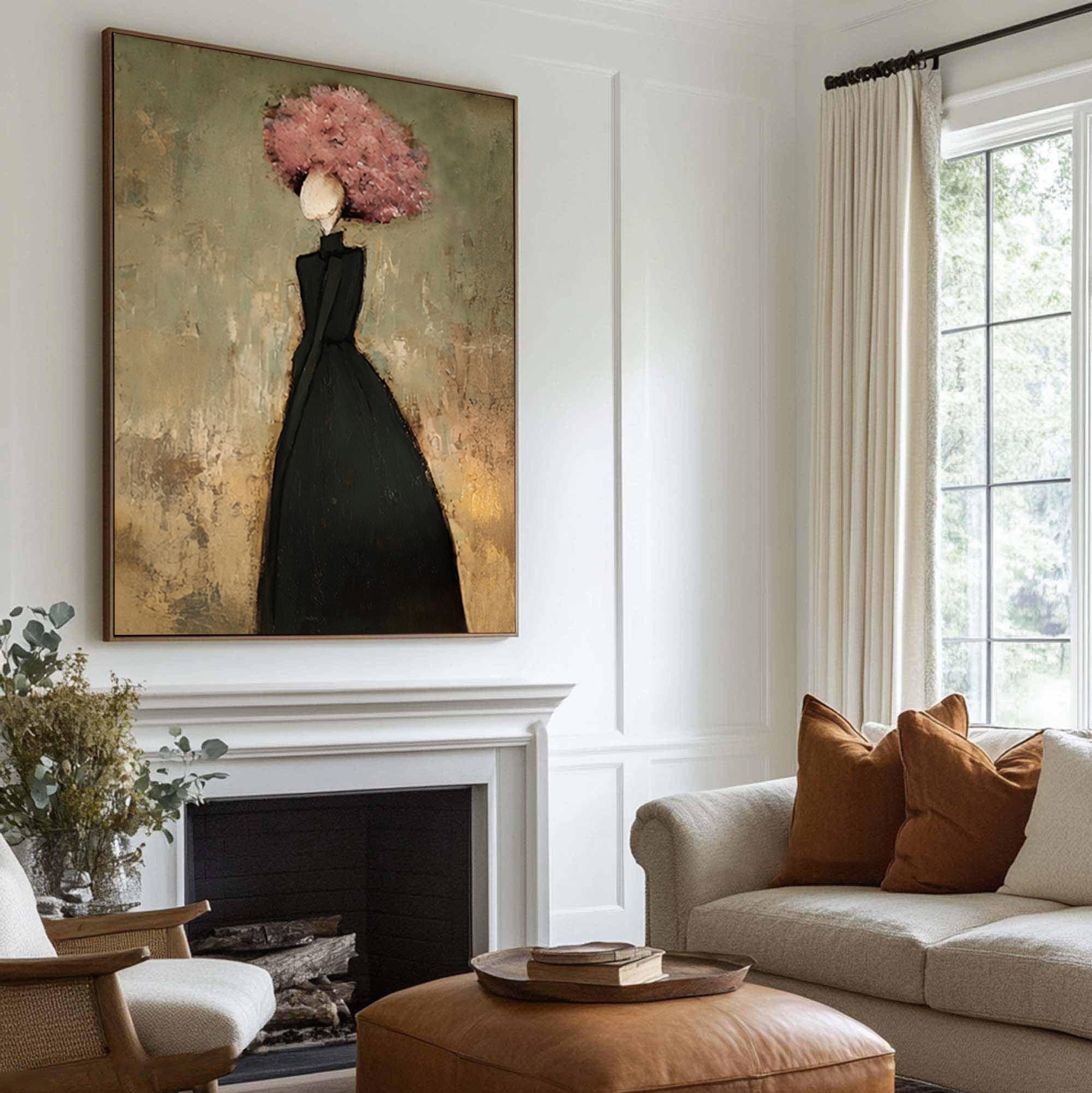 Large Floral Woman Wall Art Black Dress Portrait Oil Painting Modern Abstract Figurative Contemporary Decor