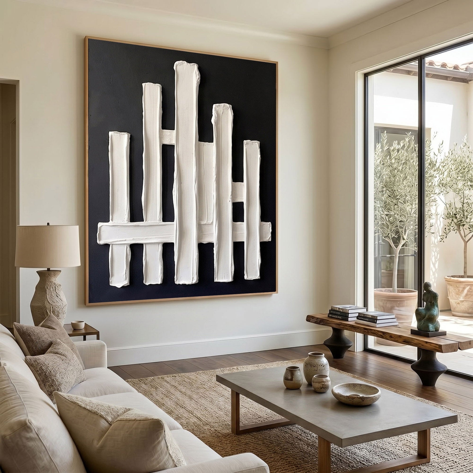 Large Ivory Plaster Wall Art 3D Textured Abstract Relief Painting Modern Minimalist Home Decor