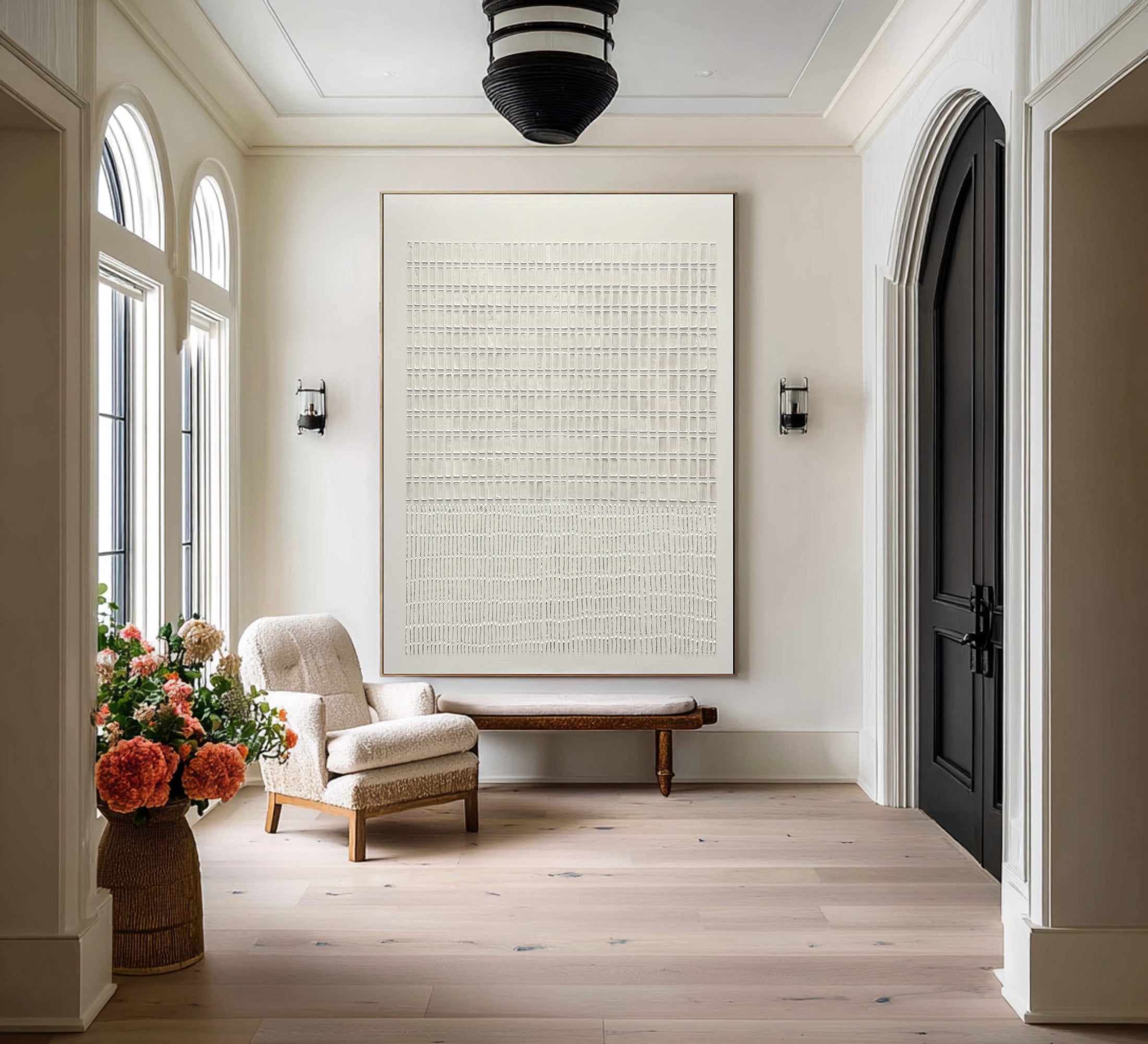 Large Modern Abstract Oil Painting, Beige Textured Grid Luxury Wall Art for Living Room #WAC 024