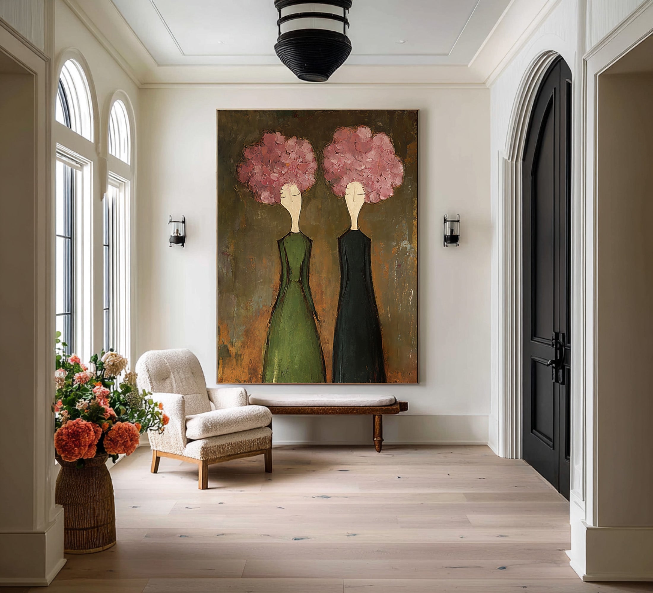 Large Modern Floral Portrait Oil Painting on Canvas – Green Dress Statement Wall Art #WAC 042