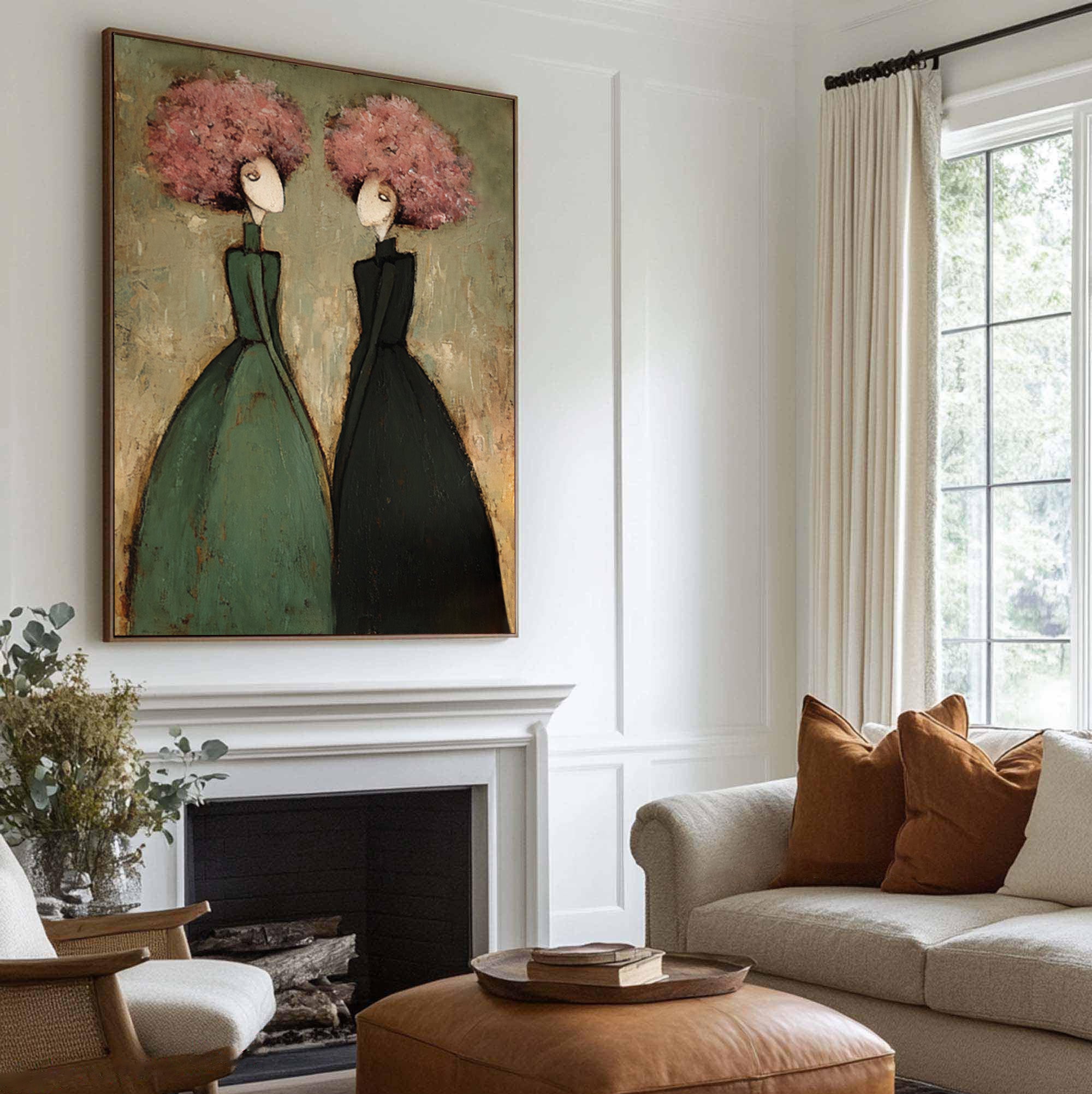Large Contemporary Portrait Oil Painting on Canvas – Green and Pink Modern Wall Art #WAC 035