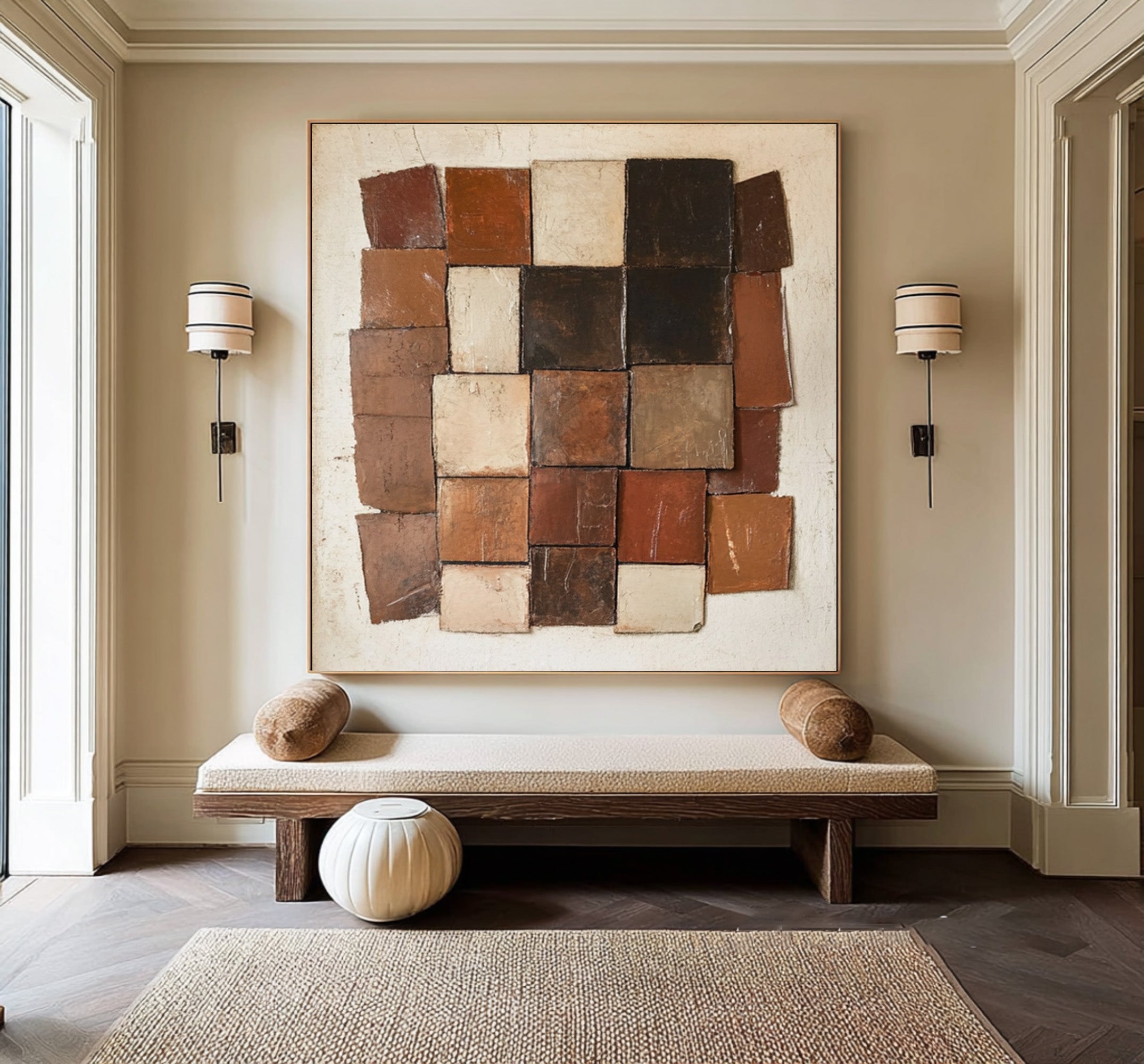 Large Textured Abstract Oil Painting in Earth Tones, Geometric Modern Wall Art for Living Room #WAC 007