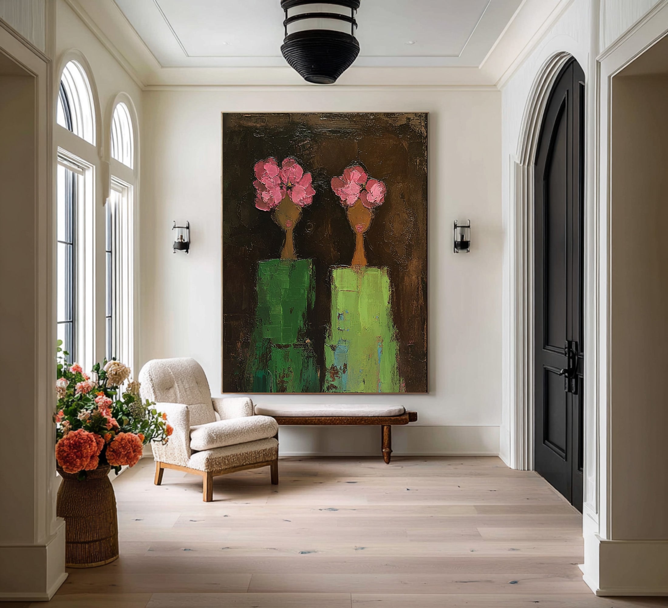 Large Modern Figurative Oil Painting on Canvas – Pink Floral Portrait Statement Wall Art #WAC 039