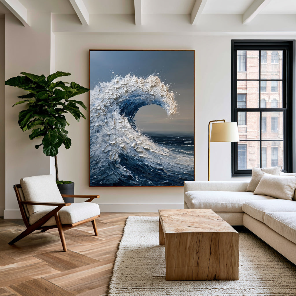 Large Coastal Ocean Wave Wall Art Textured Oil Painting Blue Sea Artwork Modern Beach House Decor Luxury Interior Design