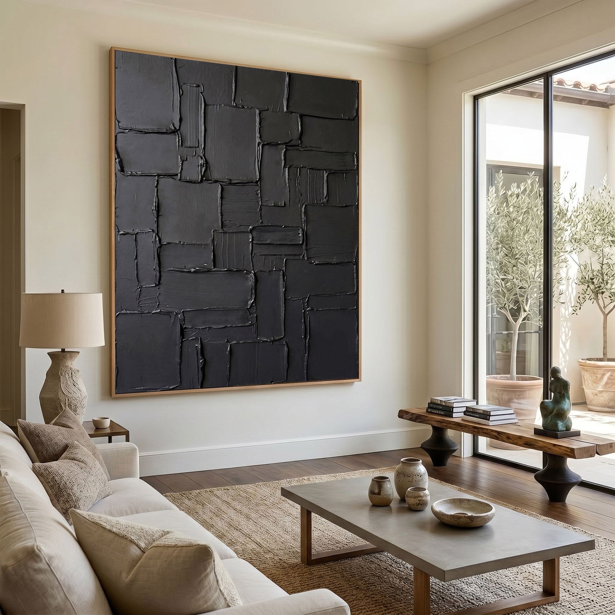 Black Textured Wall Art Abstract Plaster Relief Painting Modern 3D Impasto Minimalist Luxury Decor