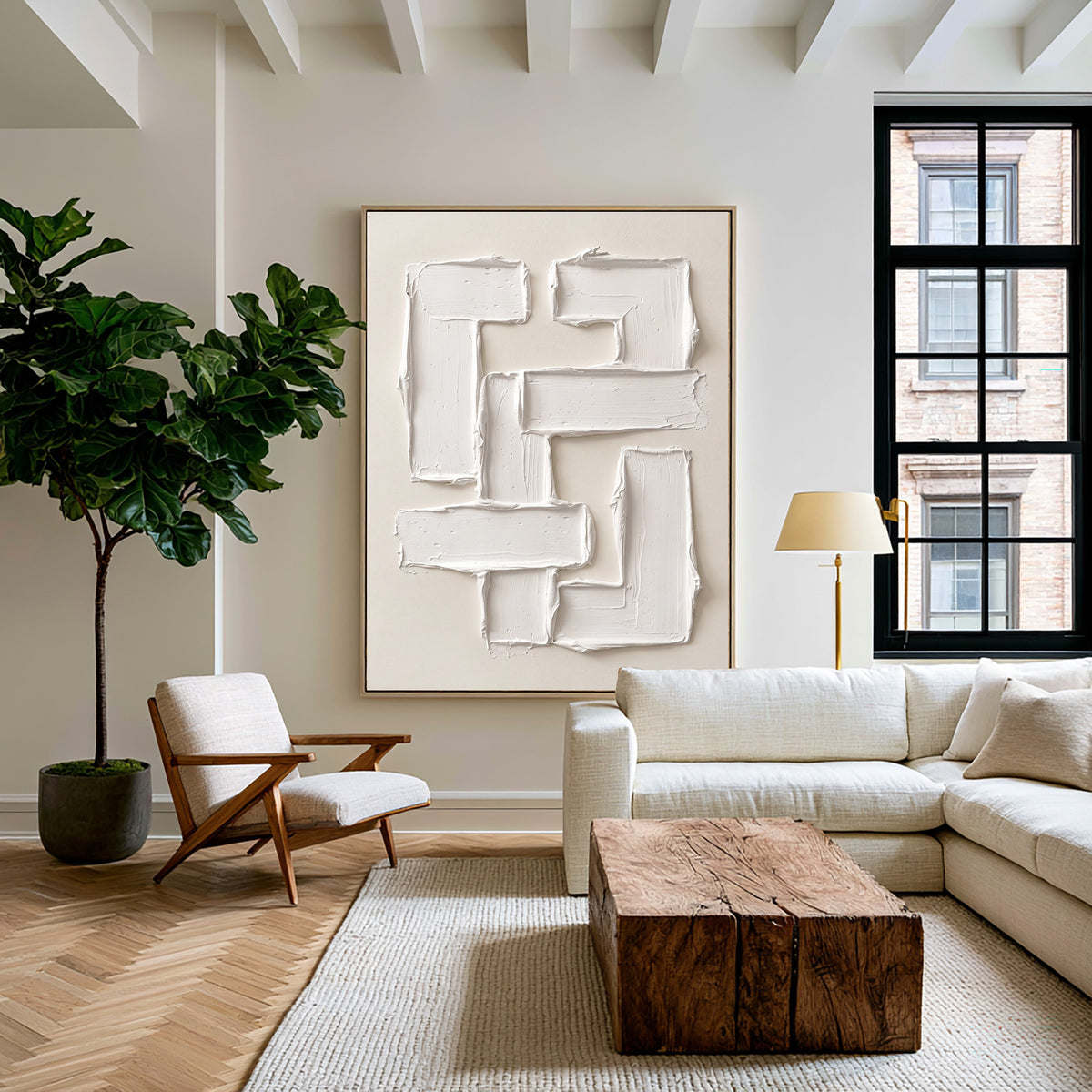 Large Luxury Sculptural Geometric Statement Wall Art Ivory Abstract Textured Oil Painting 3D Impasto Relief Contemporary Home Decor