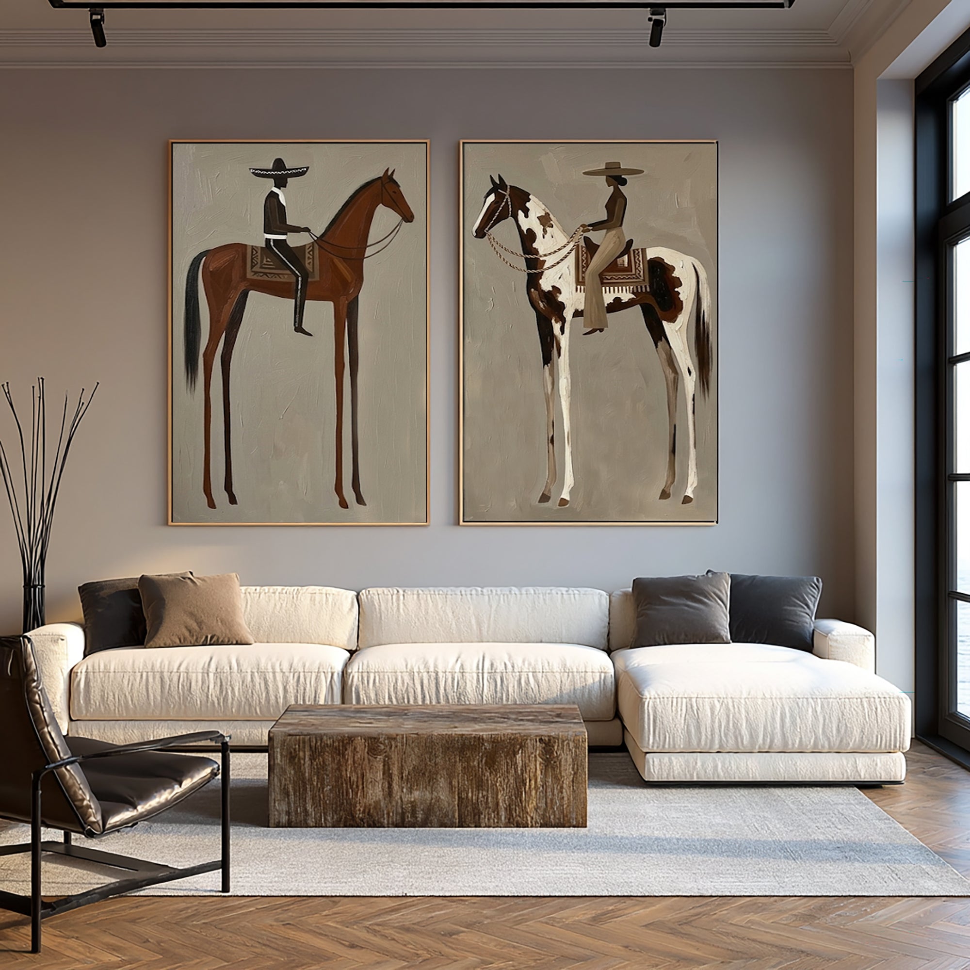 Large Cowboy Horse Wall Art Contemporary Western Diptych Canvas Painting