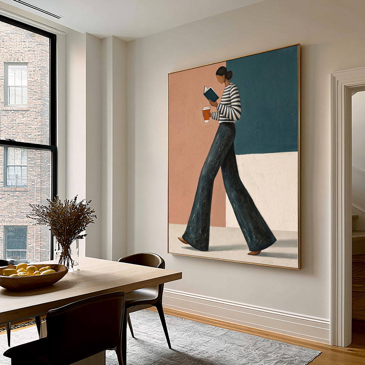 Modern Fashion Woman Reading Book Coffee Wall Art