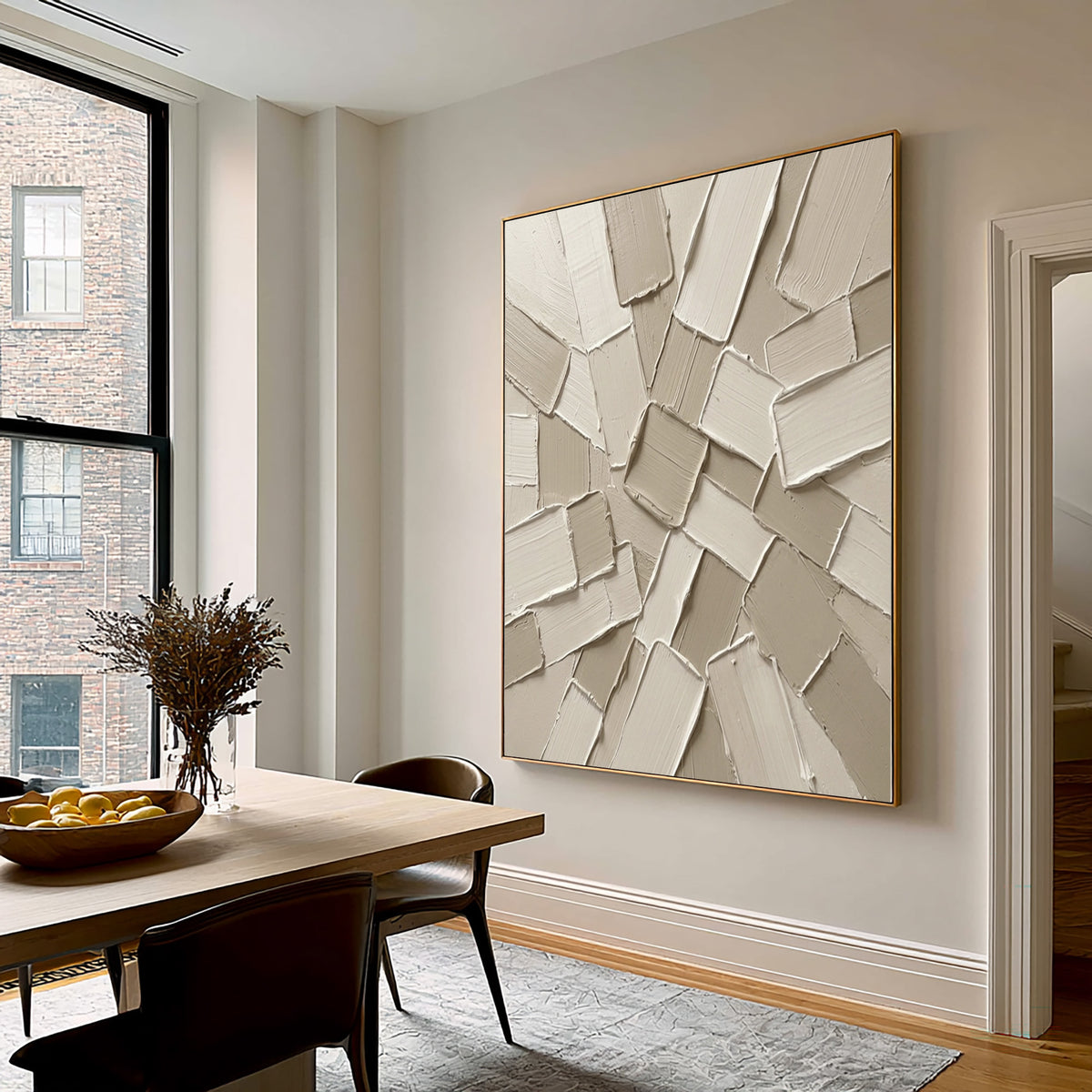 Fragments Converging Around A Quiet Core Large Textured Abstract Wall Art Neutral Sculptural Relief