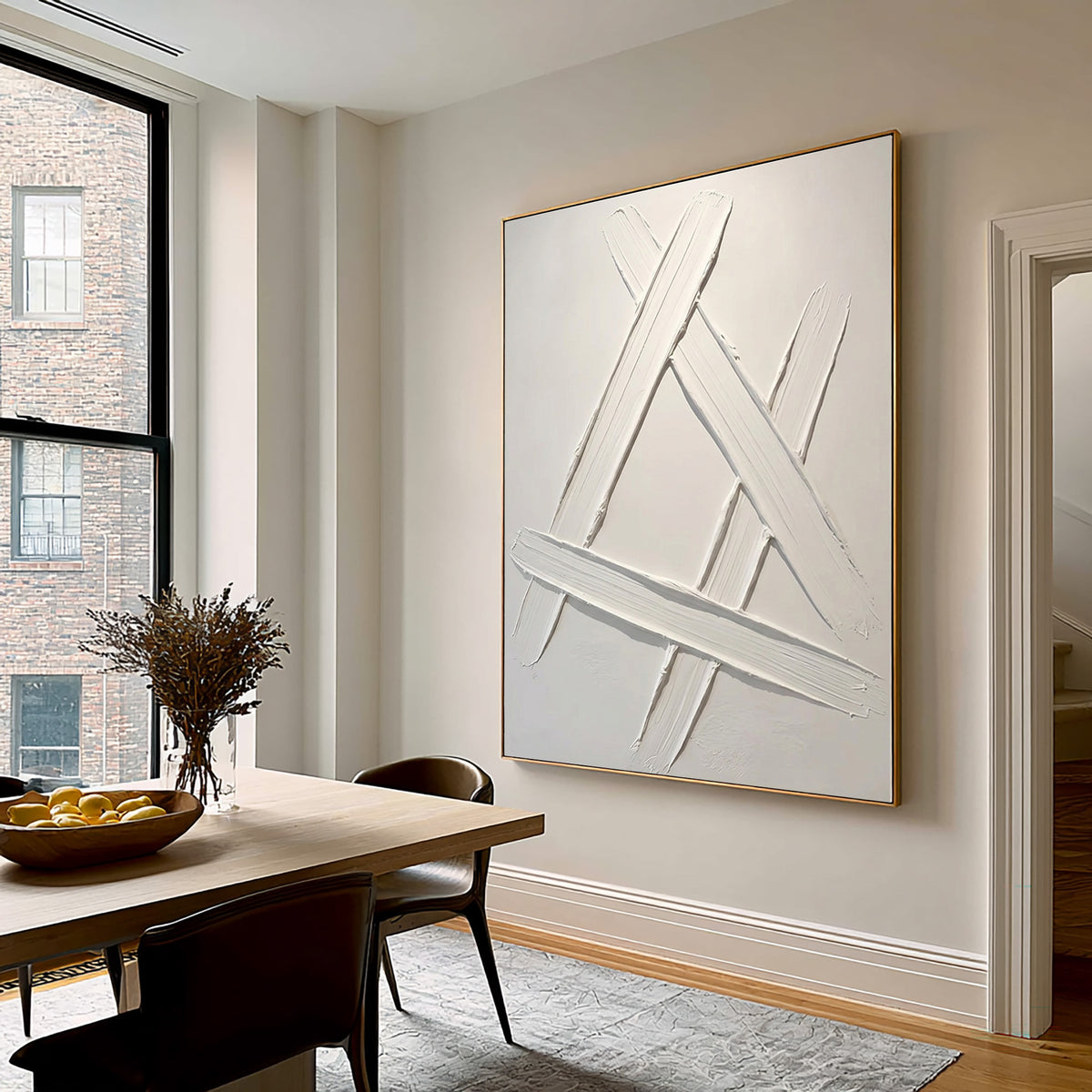 Intersecting Lines Minimalist Textured Abstract Artwork Handmade White Contemporary Geometric Wall Painting