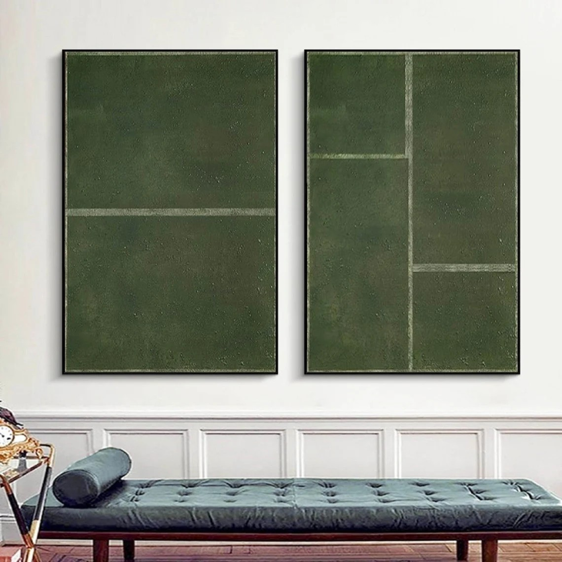 Green Geometric Diptych, Minimalist Abstract Art Set Of 2 #BGA 137