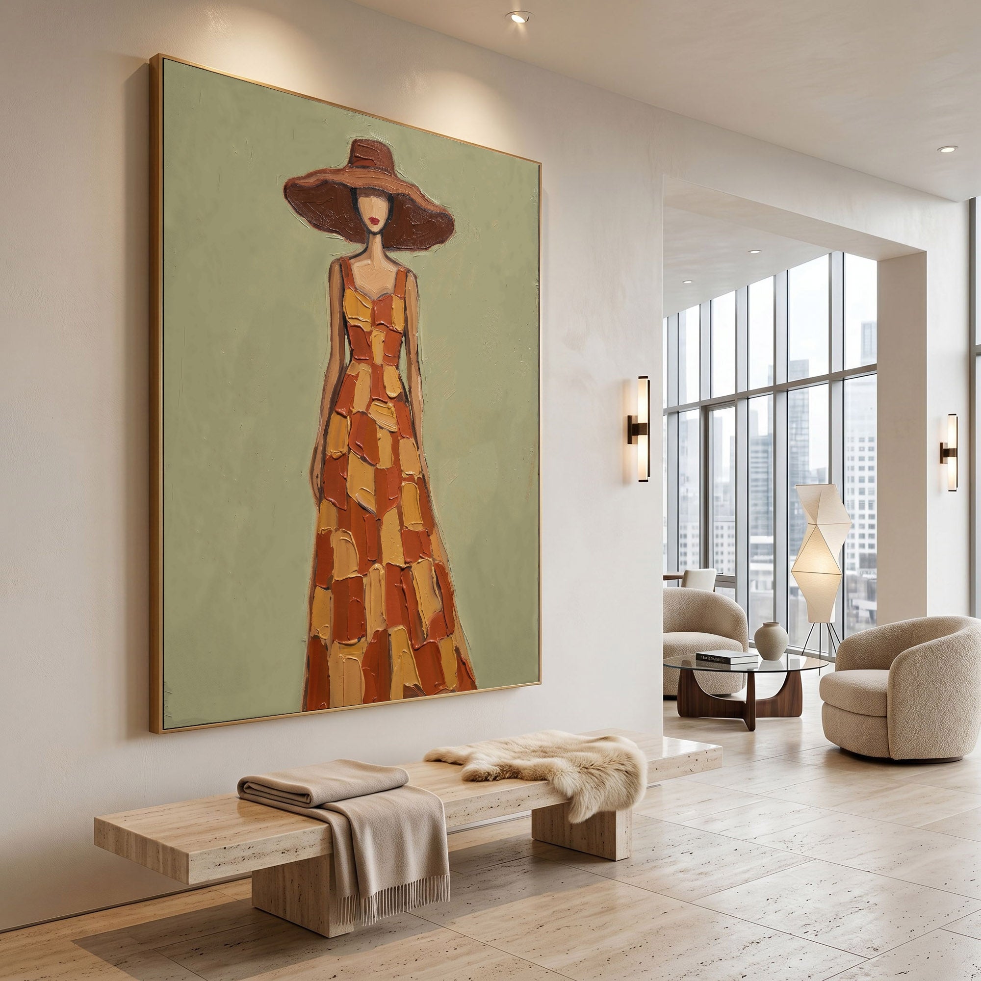 Large Modern Woman Portrait Wall Art Abstract Oil Painting Cowgirl Cowboy Vintage Americana Art Western Fashion Figure Contemporary Interior Decor