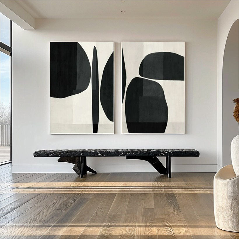 Elegant Minimalist Abstract Art Diptych Black and White Canvas Set #BWS 013