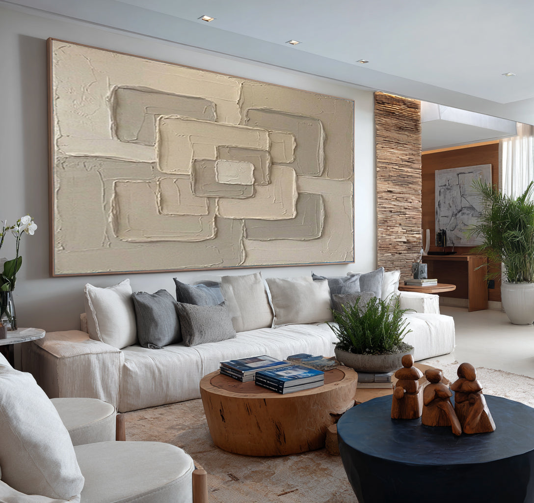 Large Neutral Interlocking Geometric Wall Art Hand Painted Textured Canvas