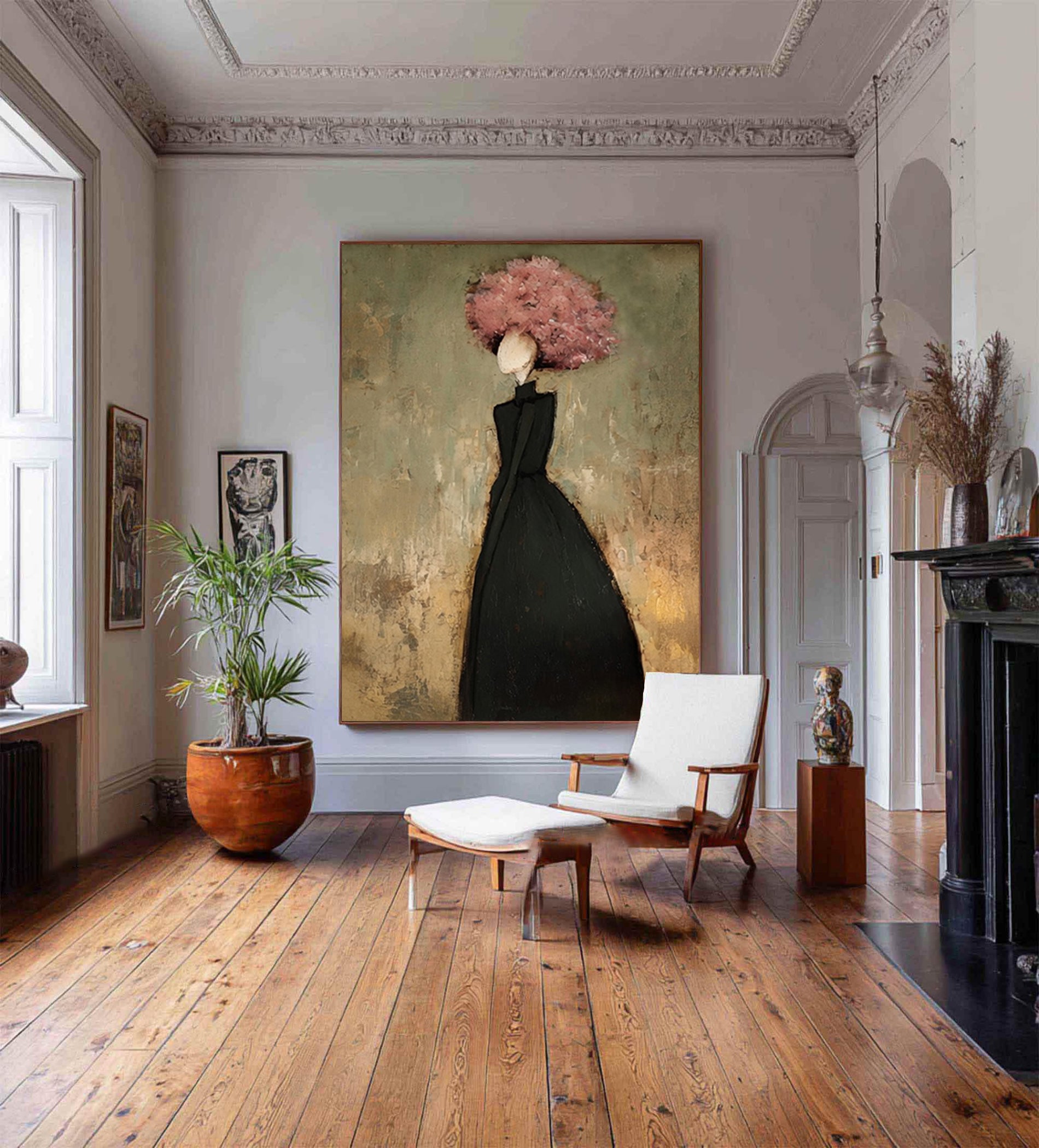 Large Floral Woman Wall Art Black Dress Portrait Oil Painting Modern Abstract Figurative Contemporary Decor