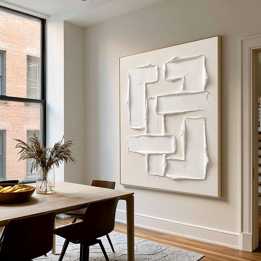 Large Luxury Sculptural Geometric Statement Wall Art Ivory Abstract Textured Oil Painting 3D Impasto Relief Contemporary Home Decor