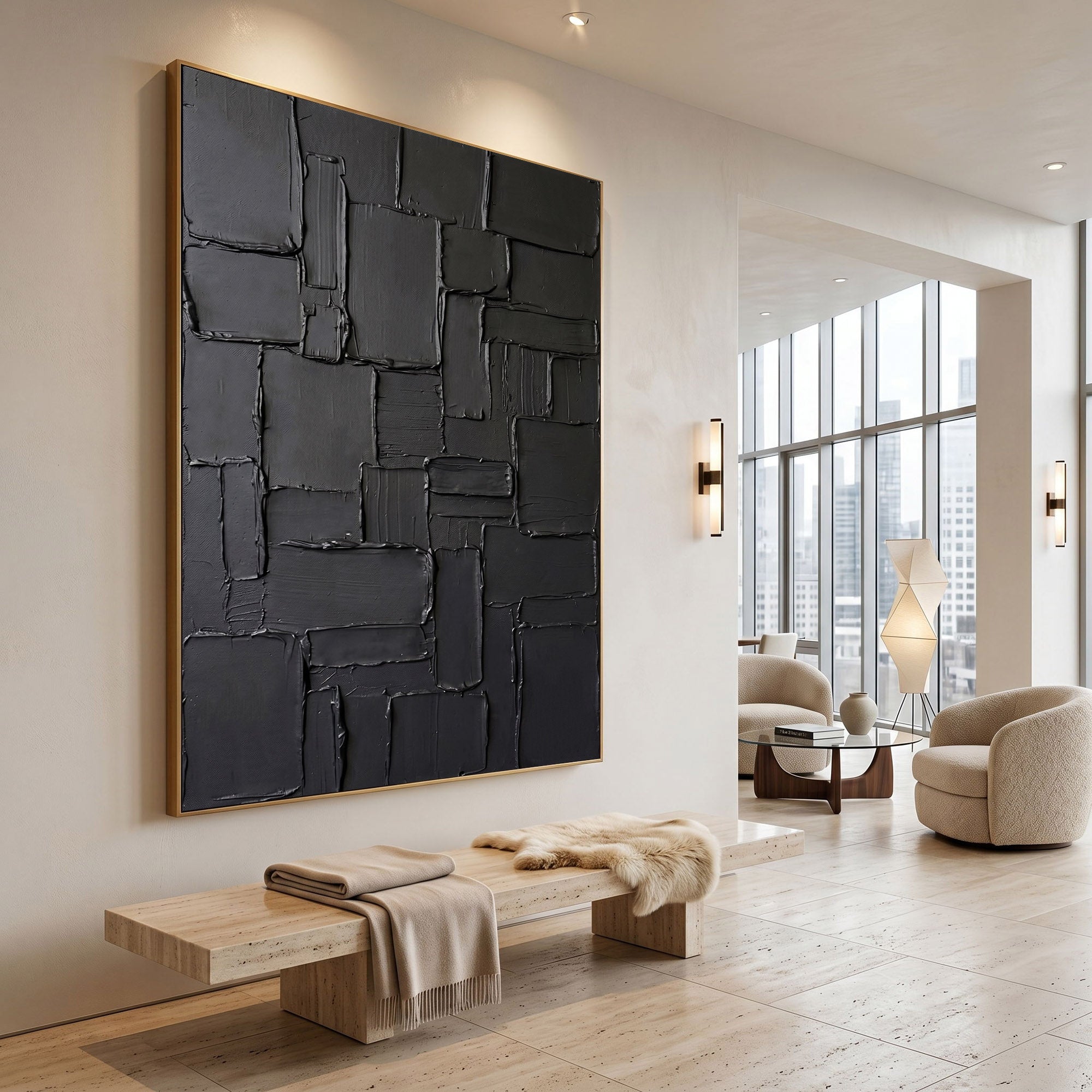 Black Textured Wall Art Abstract Plaster Relief Painting Modern 3D Impasto Minimalist Luxury Decor