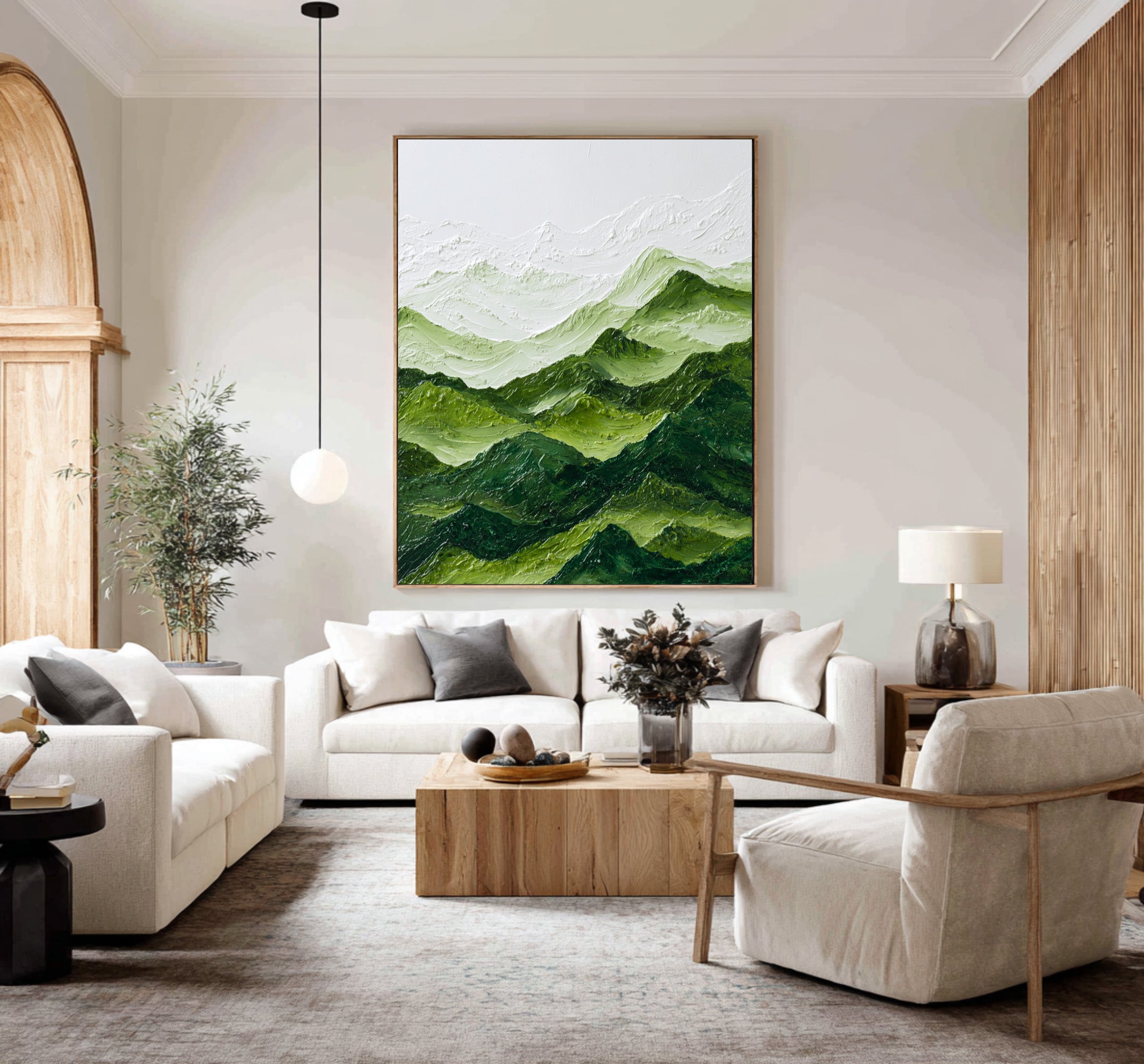 Large Textured Abstract Oil Painting, Green Mountain Landscape Wall Art for Modern Living Room #WAC 005