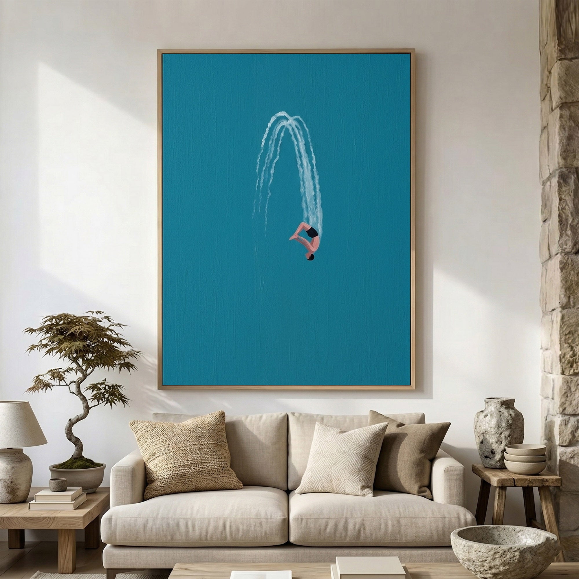 Large Swimming Wall Art Modern Diver Oil Painting Minimalist Coastal Artwork