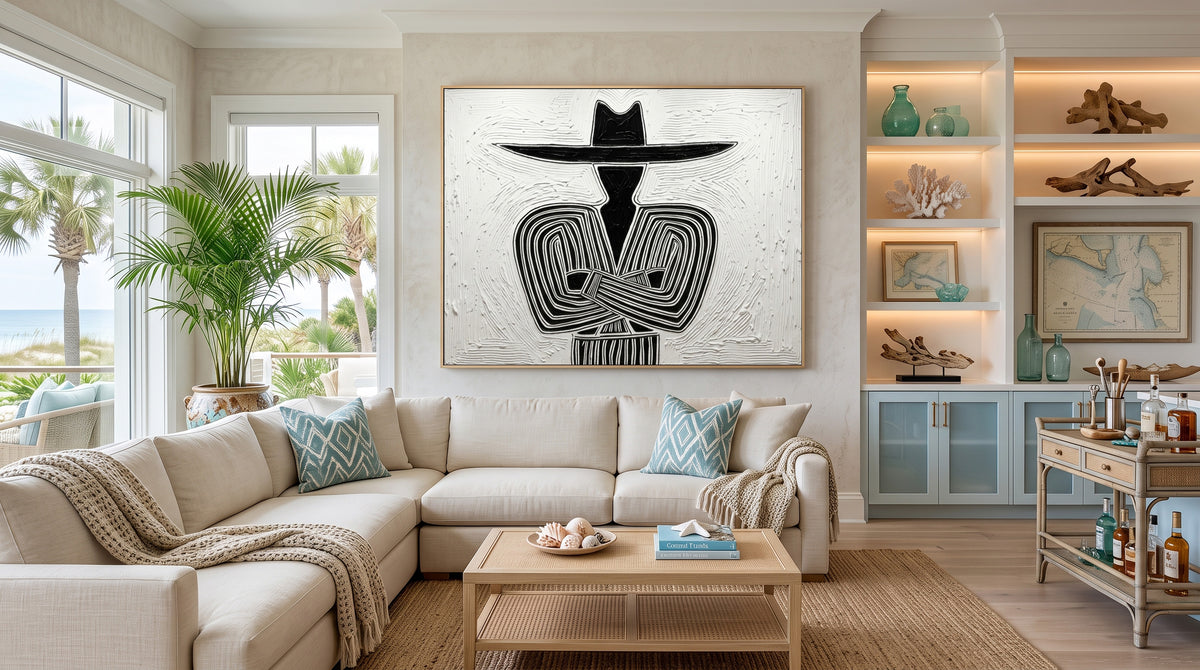 Large Textured Cowboy Portrait Minimalist Black White Western Wall Art