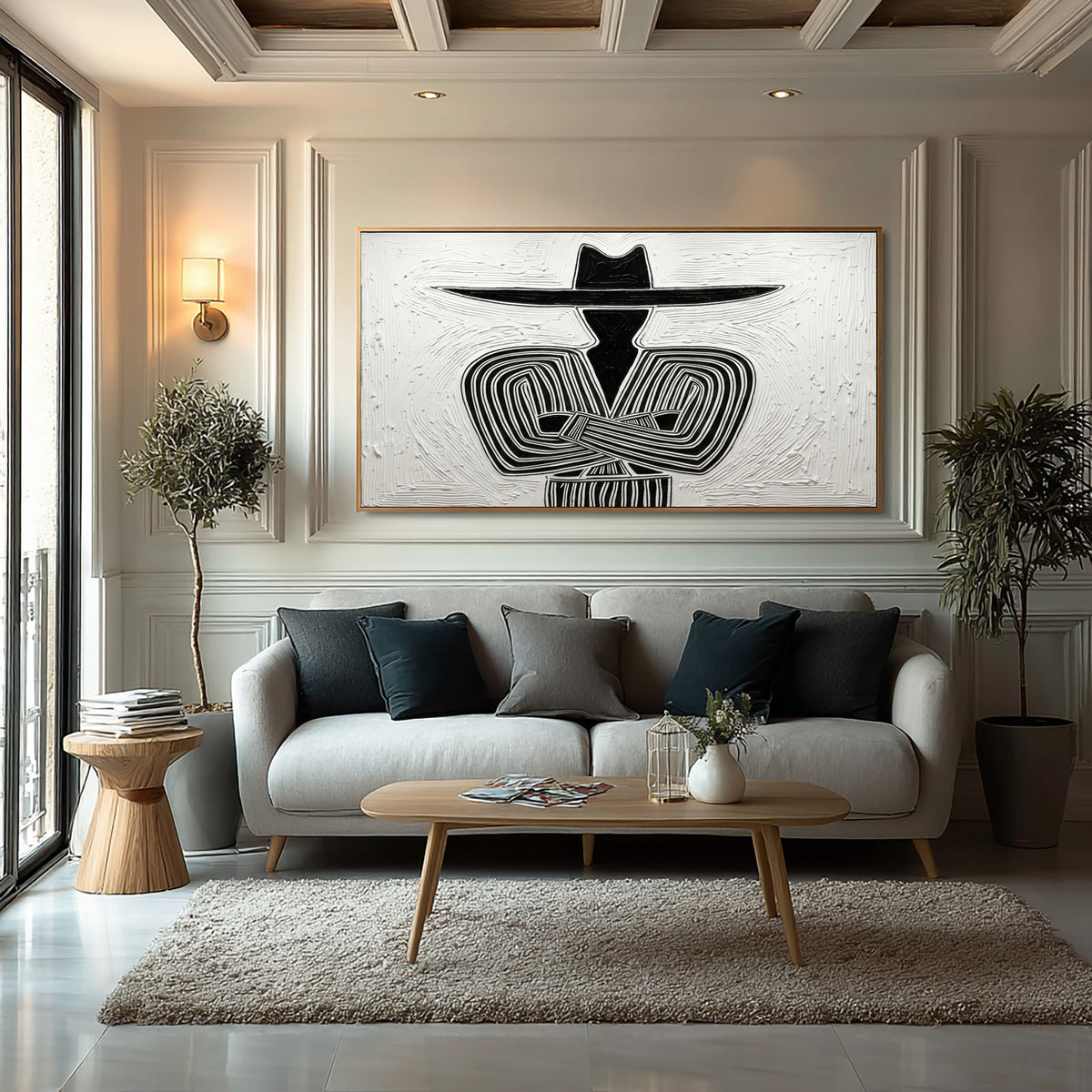 Large Textured Cowboy Portrait Minimalist Black White Western Wall Art