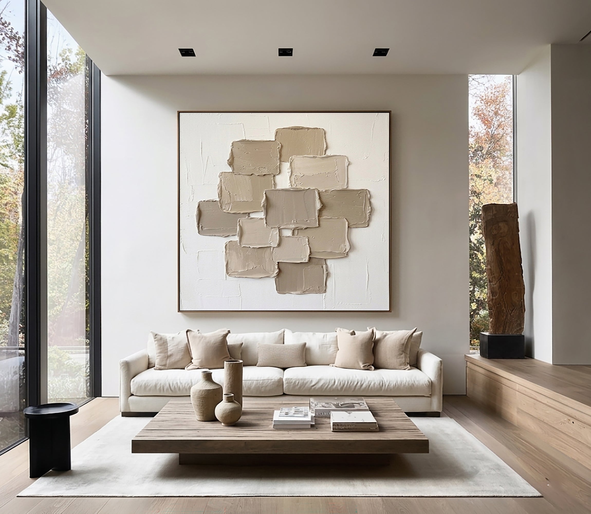 Large Beige Textured Canvas Art Modern Hand Painted Wall Decor