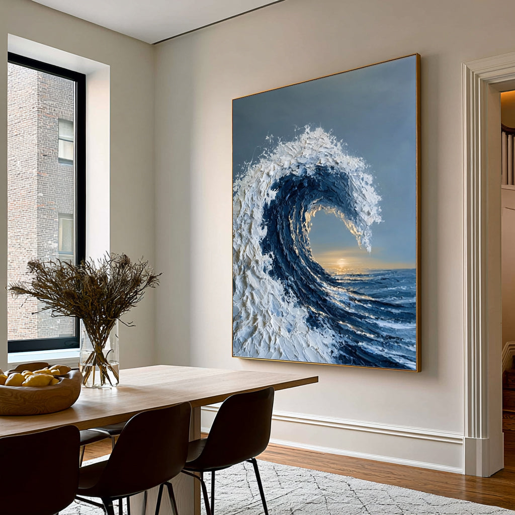 Large Ocean Wave Wall Art Textured Oil Painting Coastal Seascape Golden Horizon Blue Sea Abstract Artwork Modern Luxury Decor