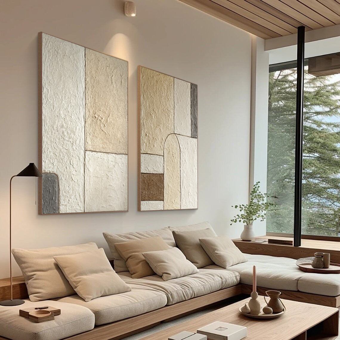 Textured Geometric Paintings Duo Contemporary Beige #WG 047