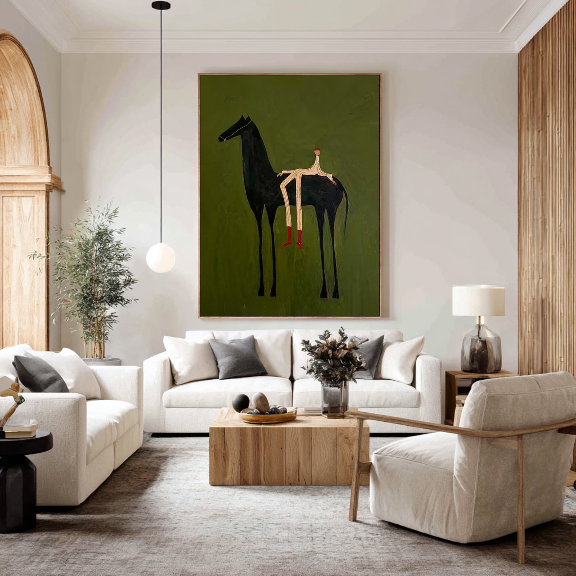 Large Abstract Horse Painting Green Minimalist Figurative Wall Art