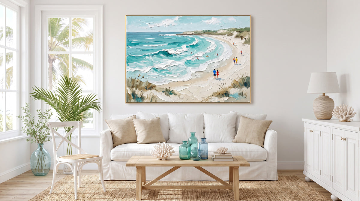 Large Textured Beach Painting Turquoise Ocean Waves Coastal Wall Art