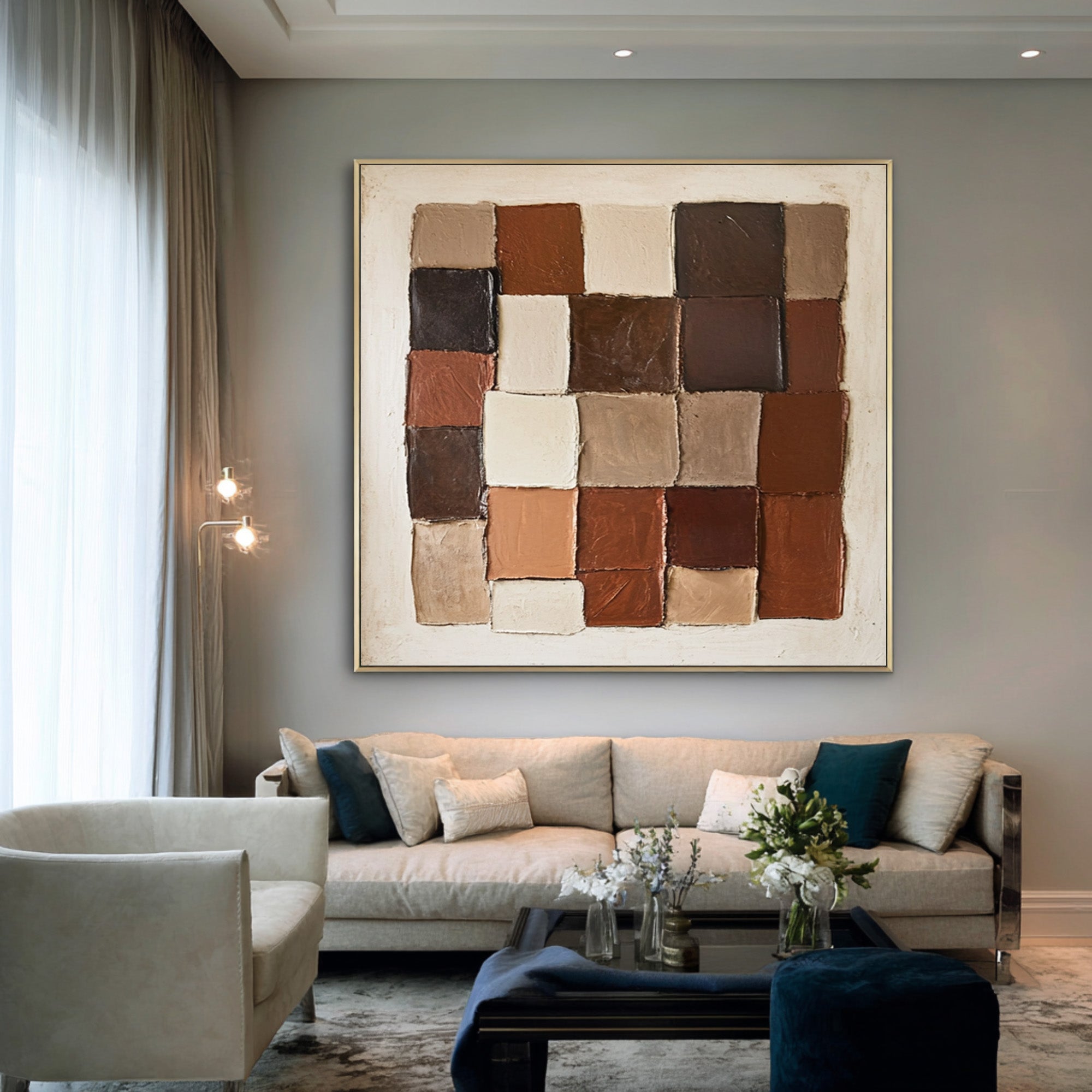 Large Modern Abstract Oil Painting, Earth-Tone Geometric Wall Art for Contemporary Interiors #WAC 008