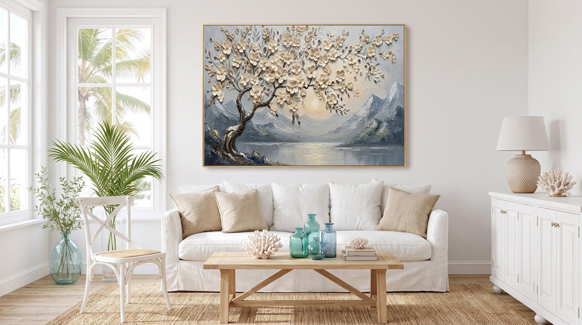Large Textured Blossom Tree Painting Mountain Lake Floral Wall Art