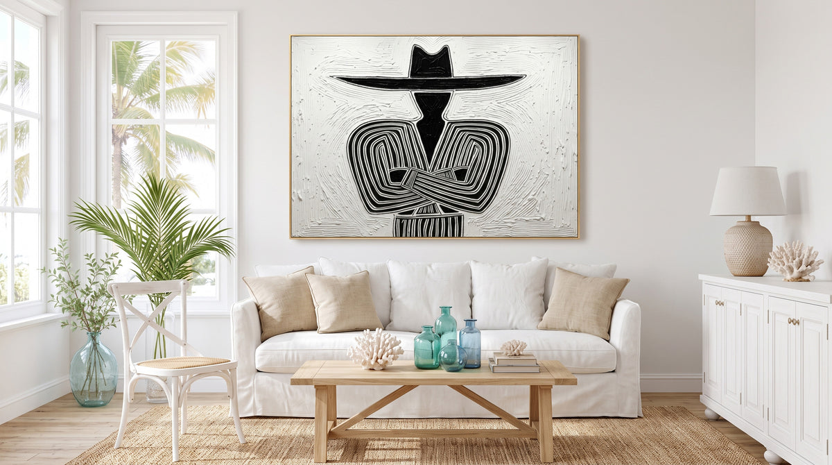 Large Textured Cowboy Portrait Minimalist Black White Western Wall Art