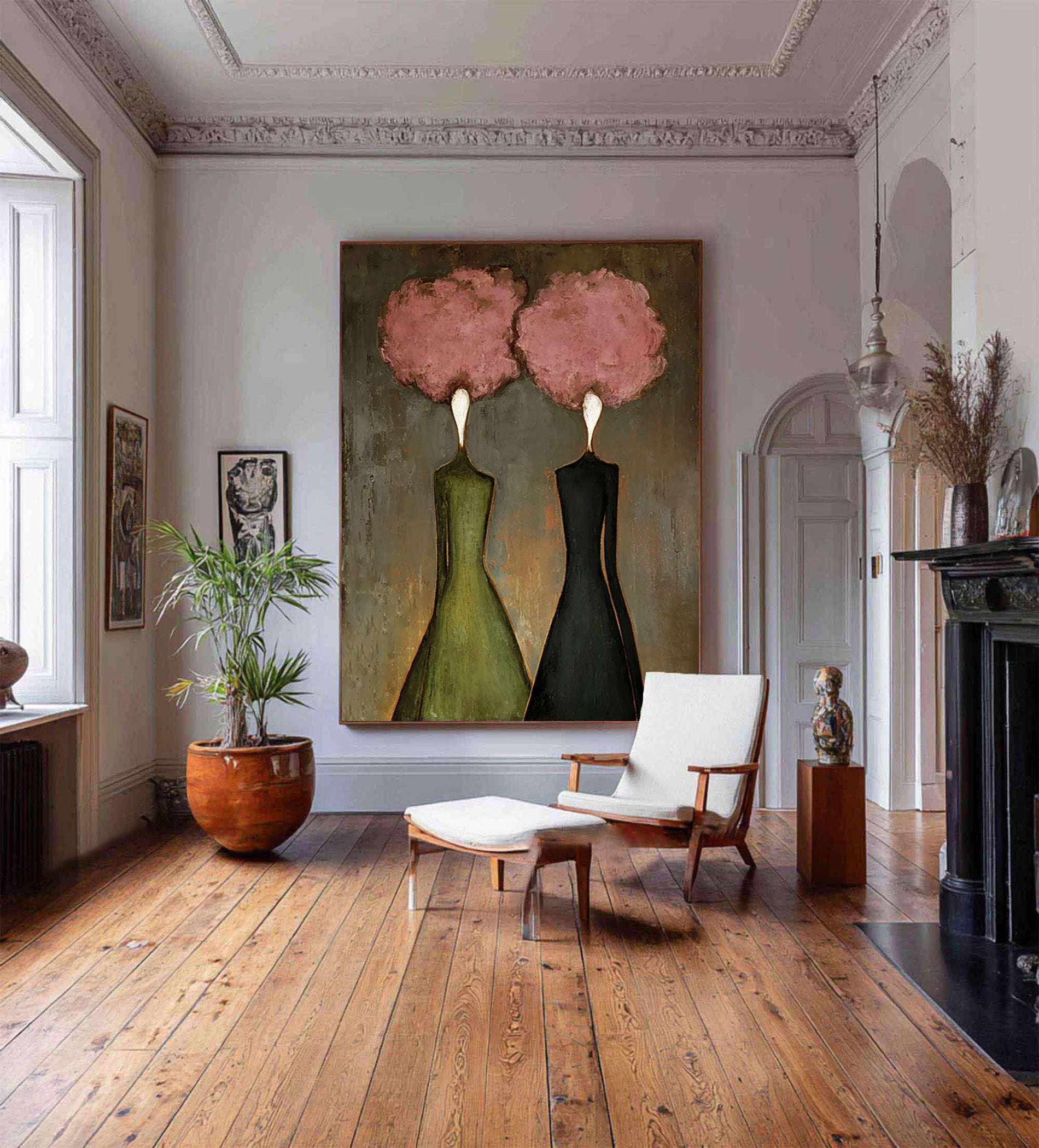 Large Abstract Pink Portrait Oil Painting – Modern Figurative Statement Wall Art #WAC 036