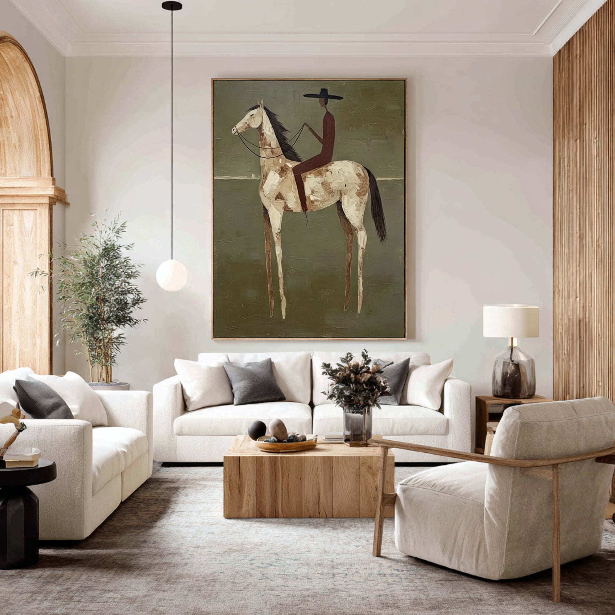 Large Minimalist Horse Rider Painting Contemporary Olive Green Wall Decor