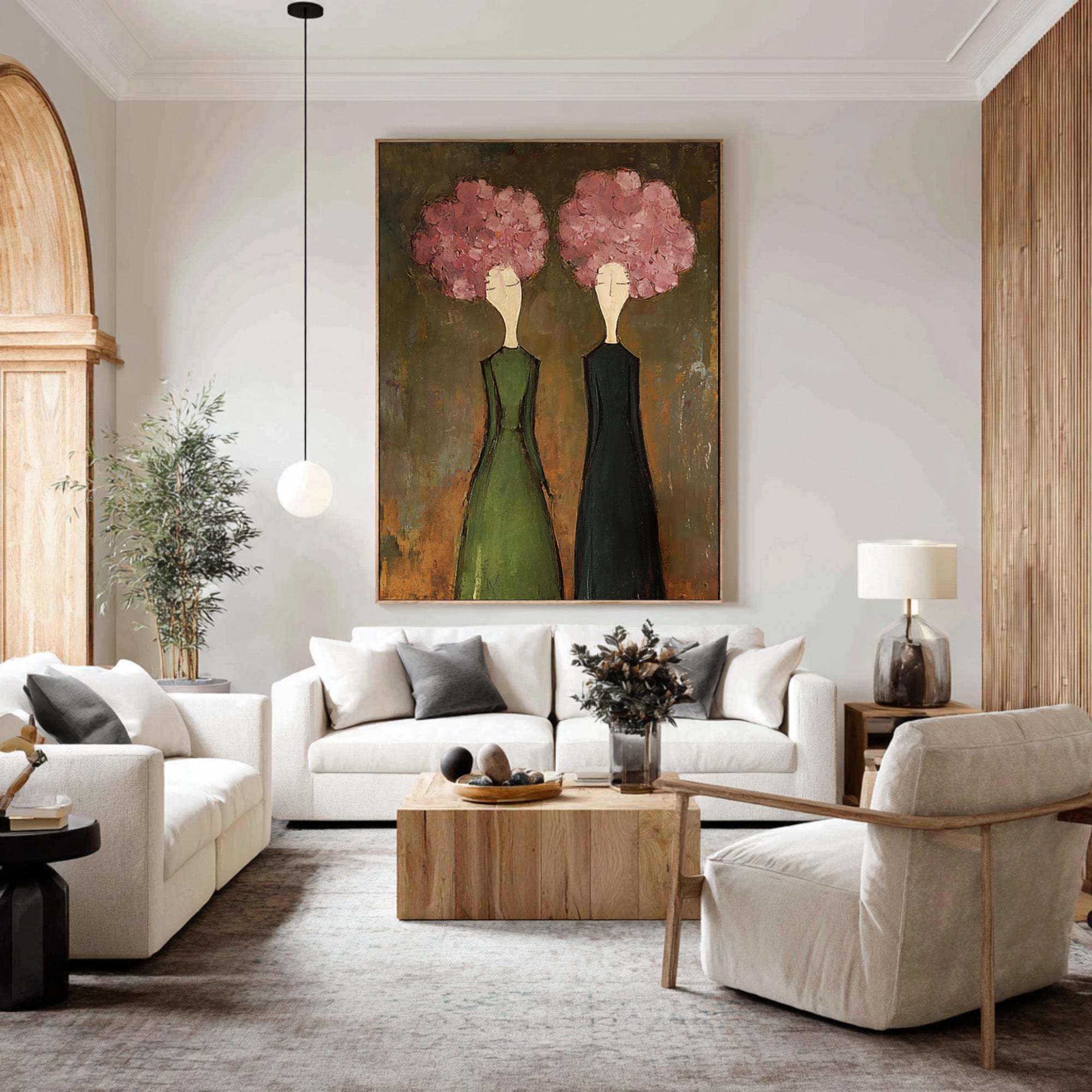 Large Modern Floral Portrait Oil Painting on Canvas – Green Dress Statement Wall Art #WAC 042