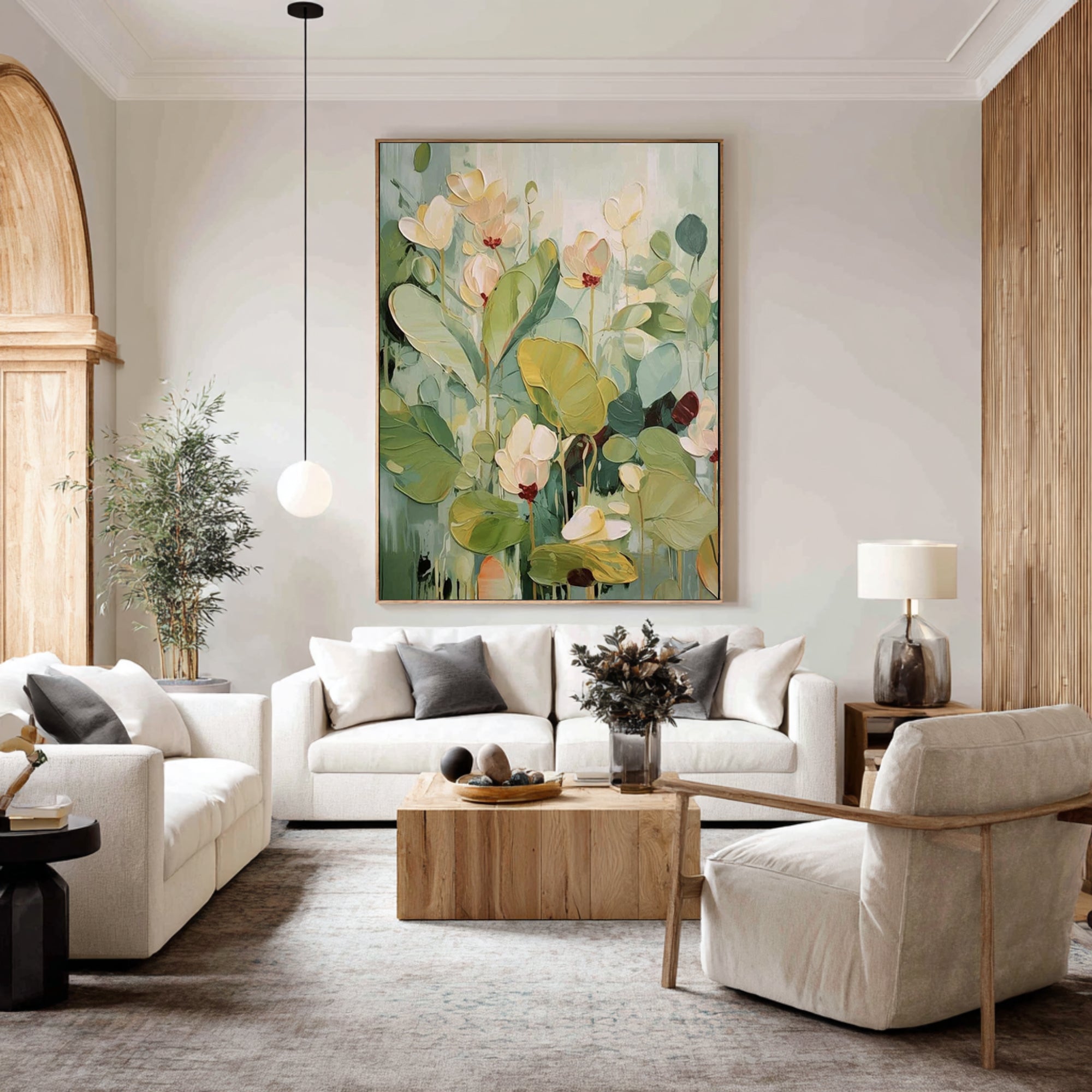 Large Botanical Floral Painting Green Neutral Wall Art