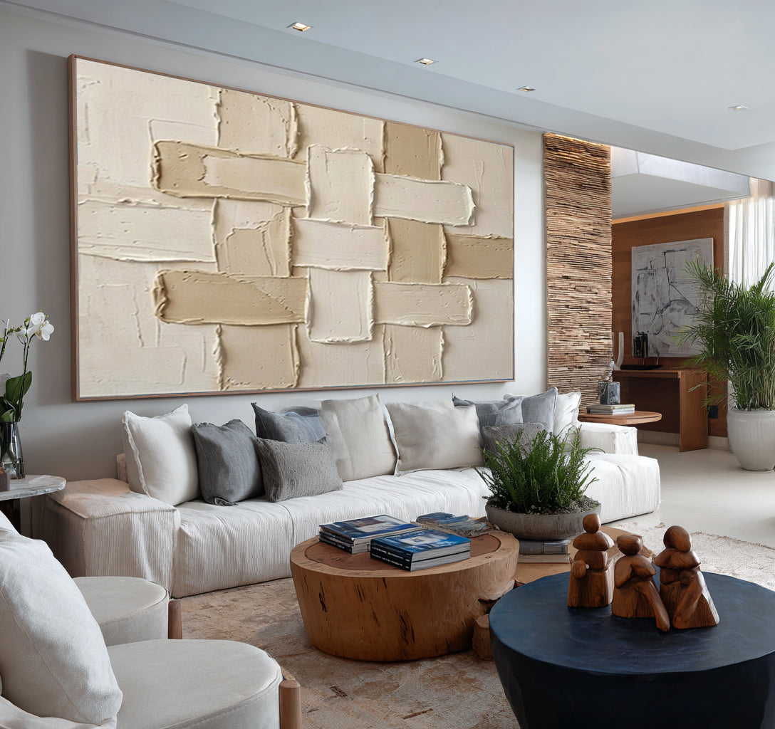 Large Neutral Woven Texture Wall Art Modern Geometric Canvas Painting