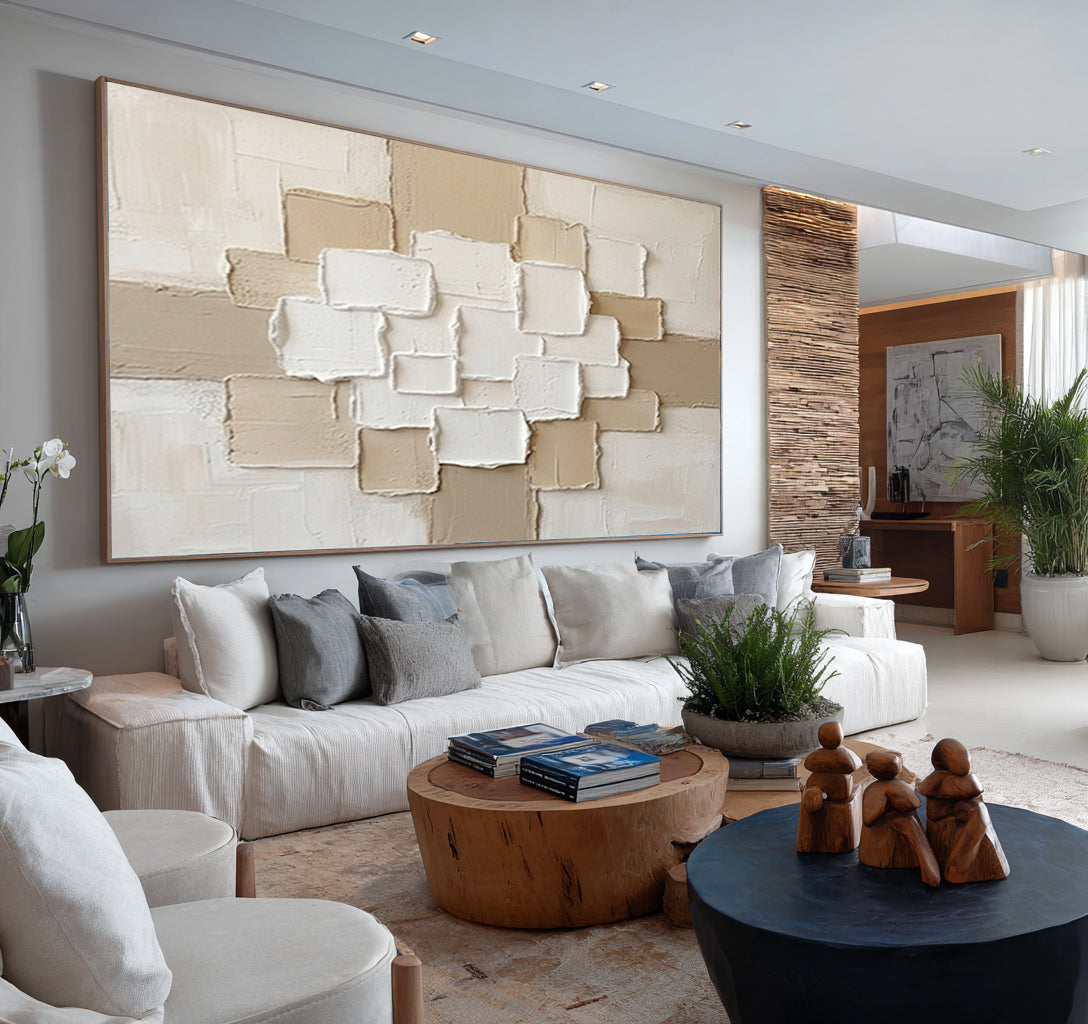Large Beige Geometric Texture Painting Contemporary Neutral Wall Decor