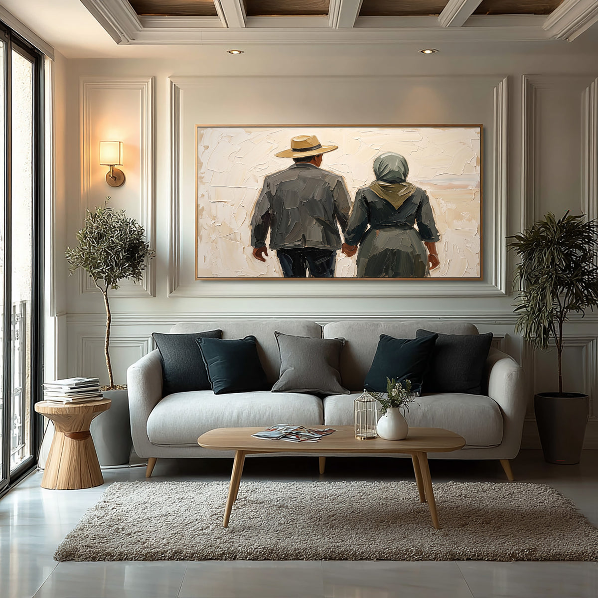 Large Rustic Couple Holding Hands Wall Art Textured Oil Painting Vintage Americana Figurative Portrait Western Inspired Modern Farmhouse Decor