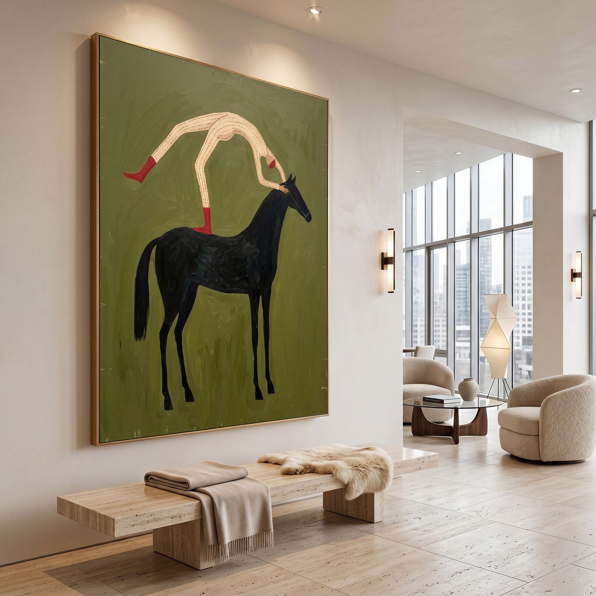 Large Cowboy Horse Wall Art Minimalist Western Oil Painting Luxury Ranch Artwork