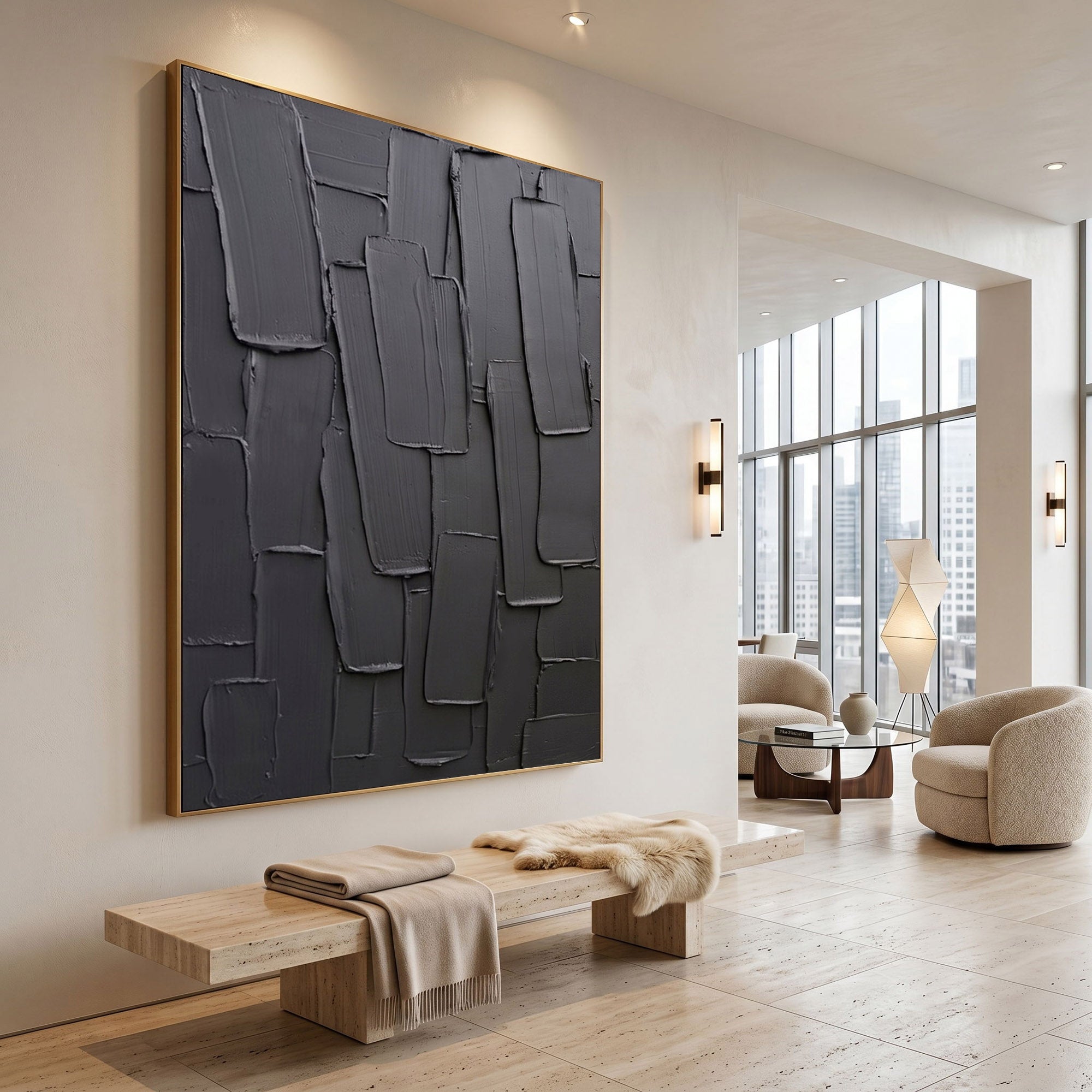 Dark Gray Textured Wall Art Abstract Plaster Relief Painting Modern 3D Impasto Minimalist Luxury Decor