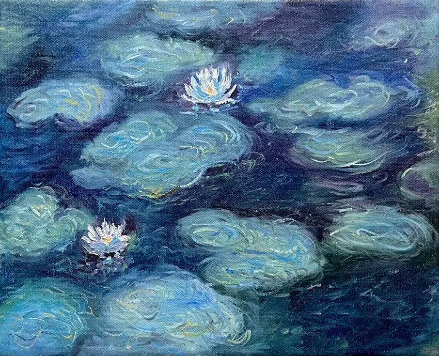 Deep Water Bloom: Monet-Esque Lilies, Deep Blue Landscape #BGA 189