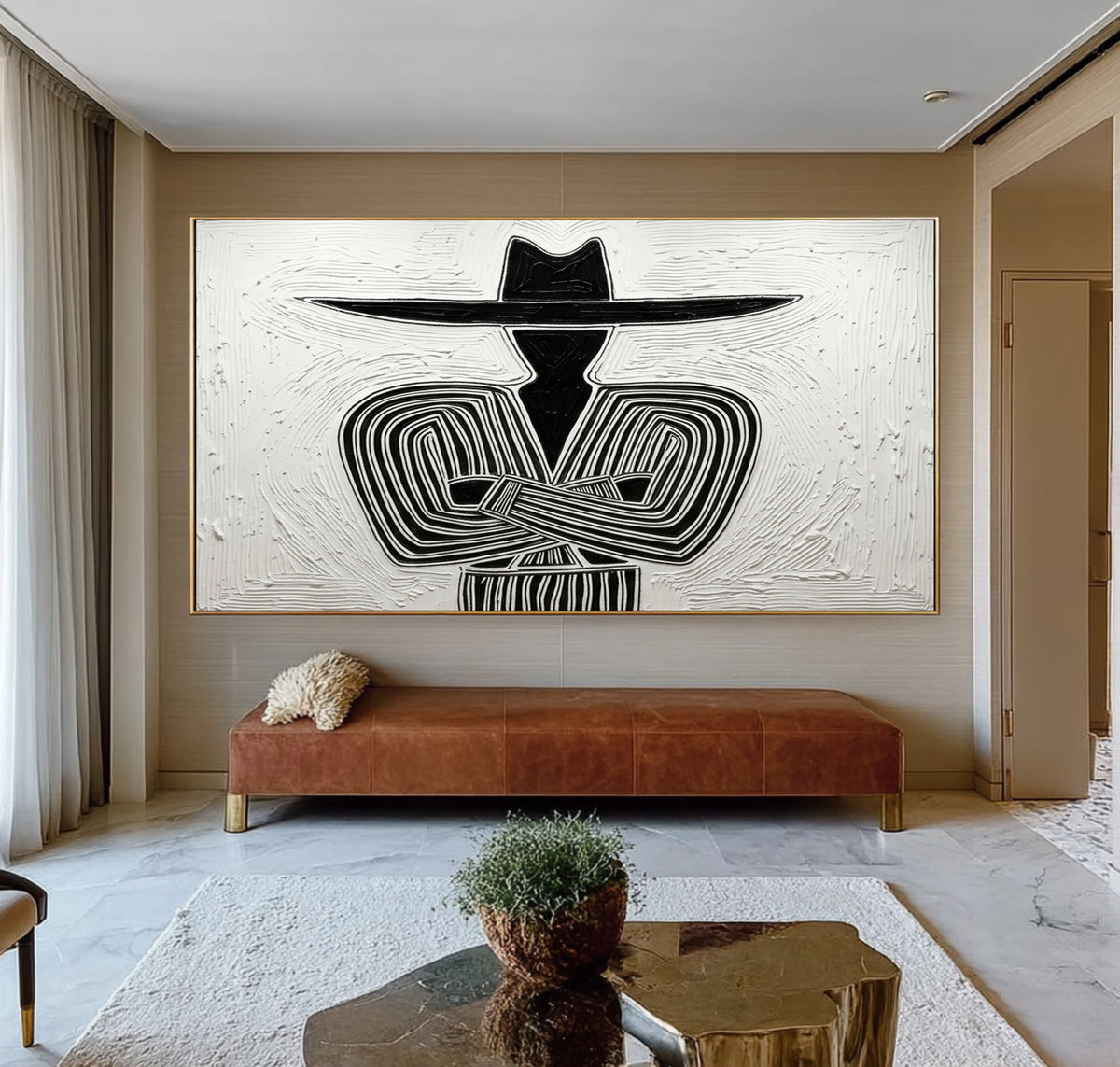 Large Textured Cowboy Portrait Minimalist Black White Western Wall Art